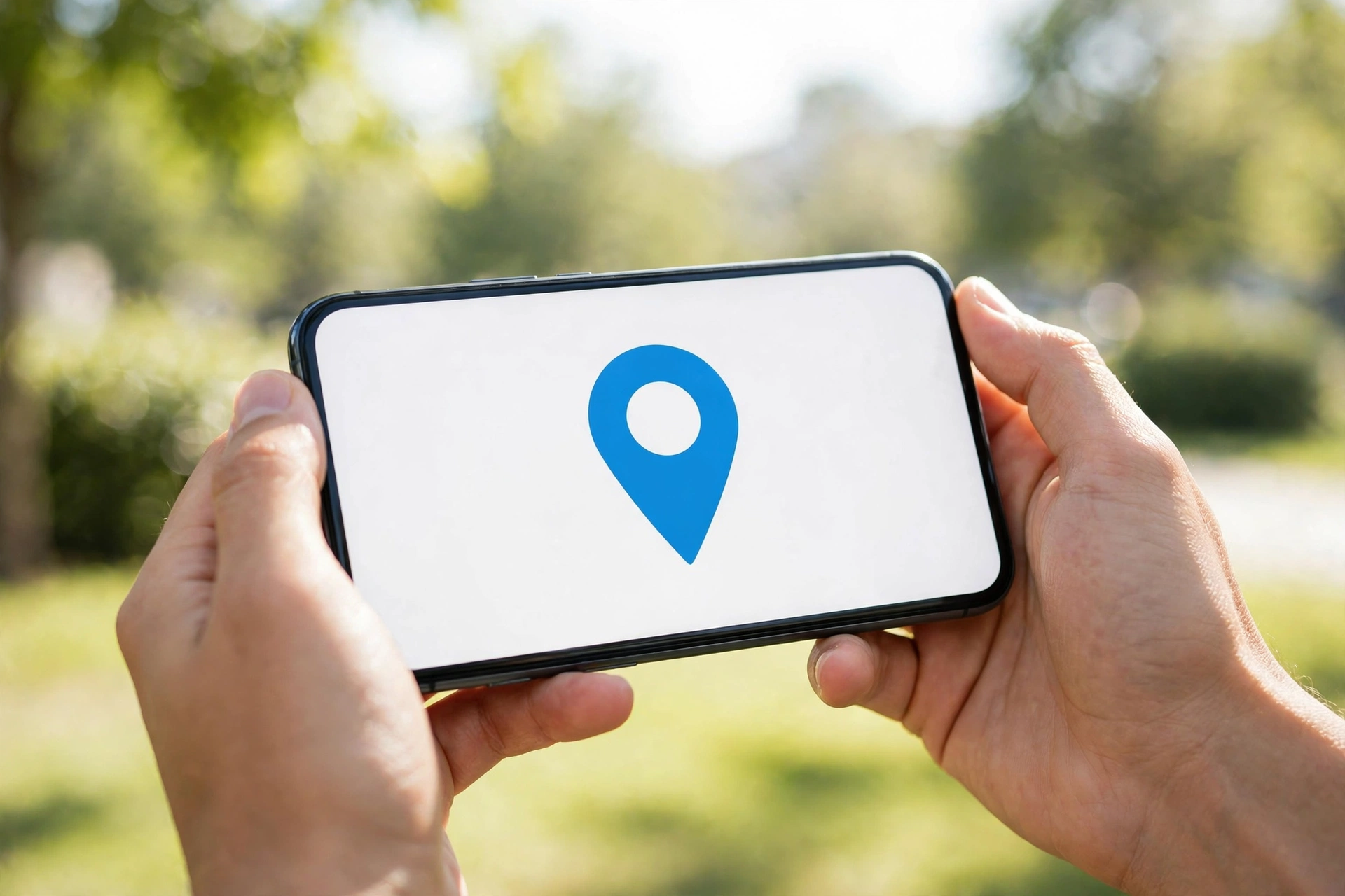 Hands holding a smartphone with a location pin, troubleshooting GPS signal