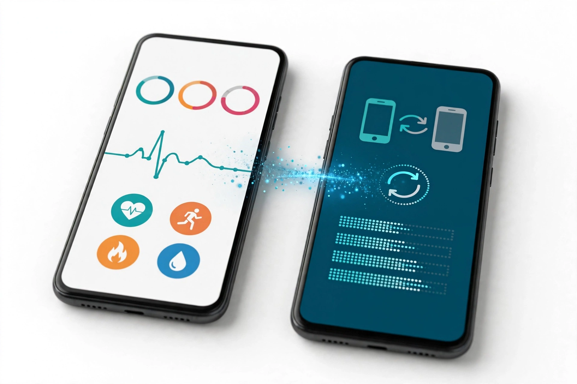 Two smartphones transferring health app data, one showing a fitness dashboard