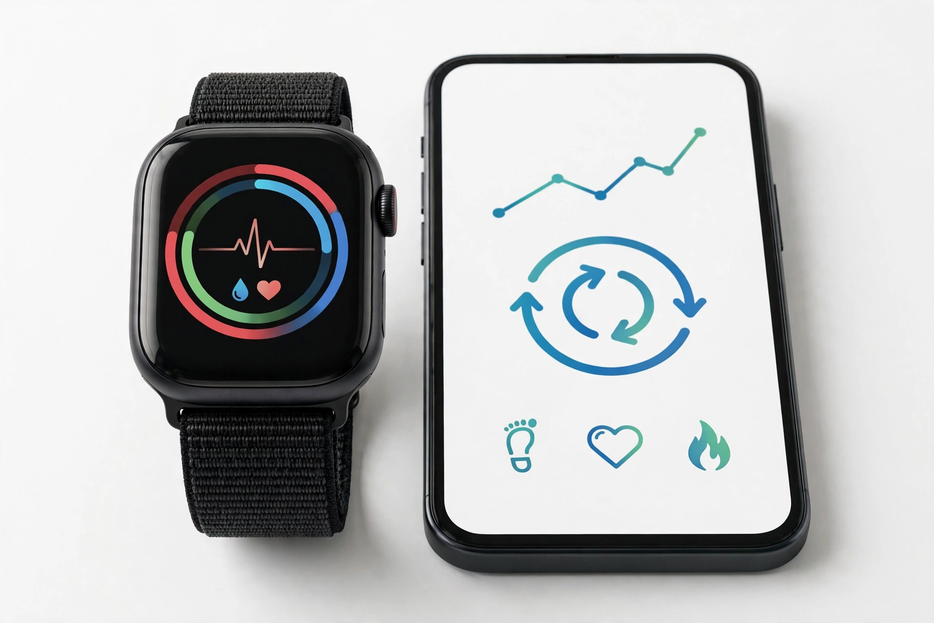 Smartwatch and smartphone side by side syncing health and fitness data