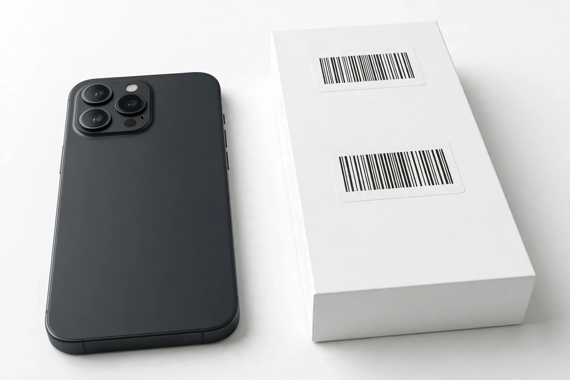Smartphone next to its retail box with barcode and serial number verification labels