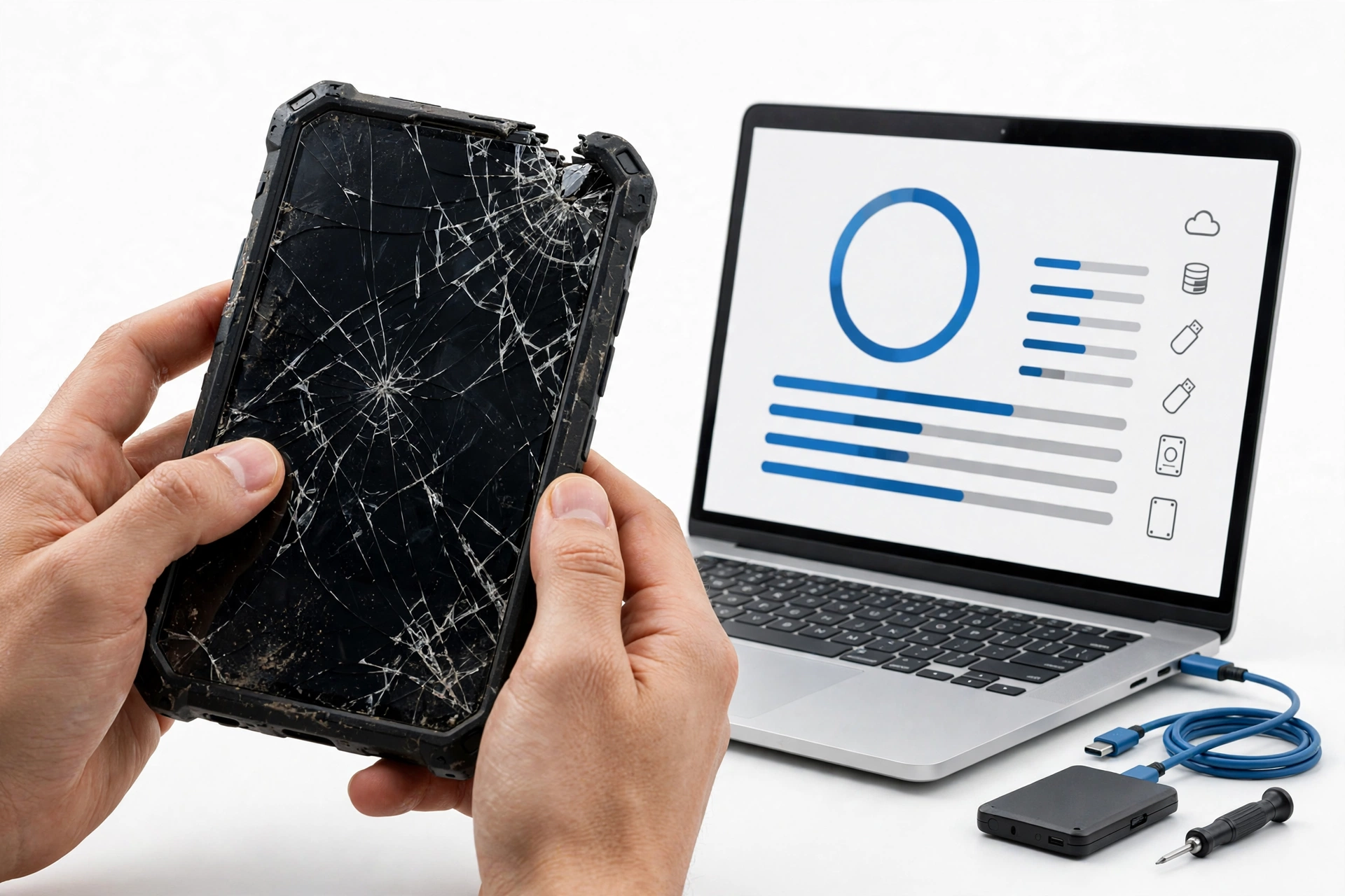 Broken rugged smartphone connected to laptop for data recovery