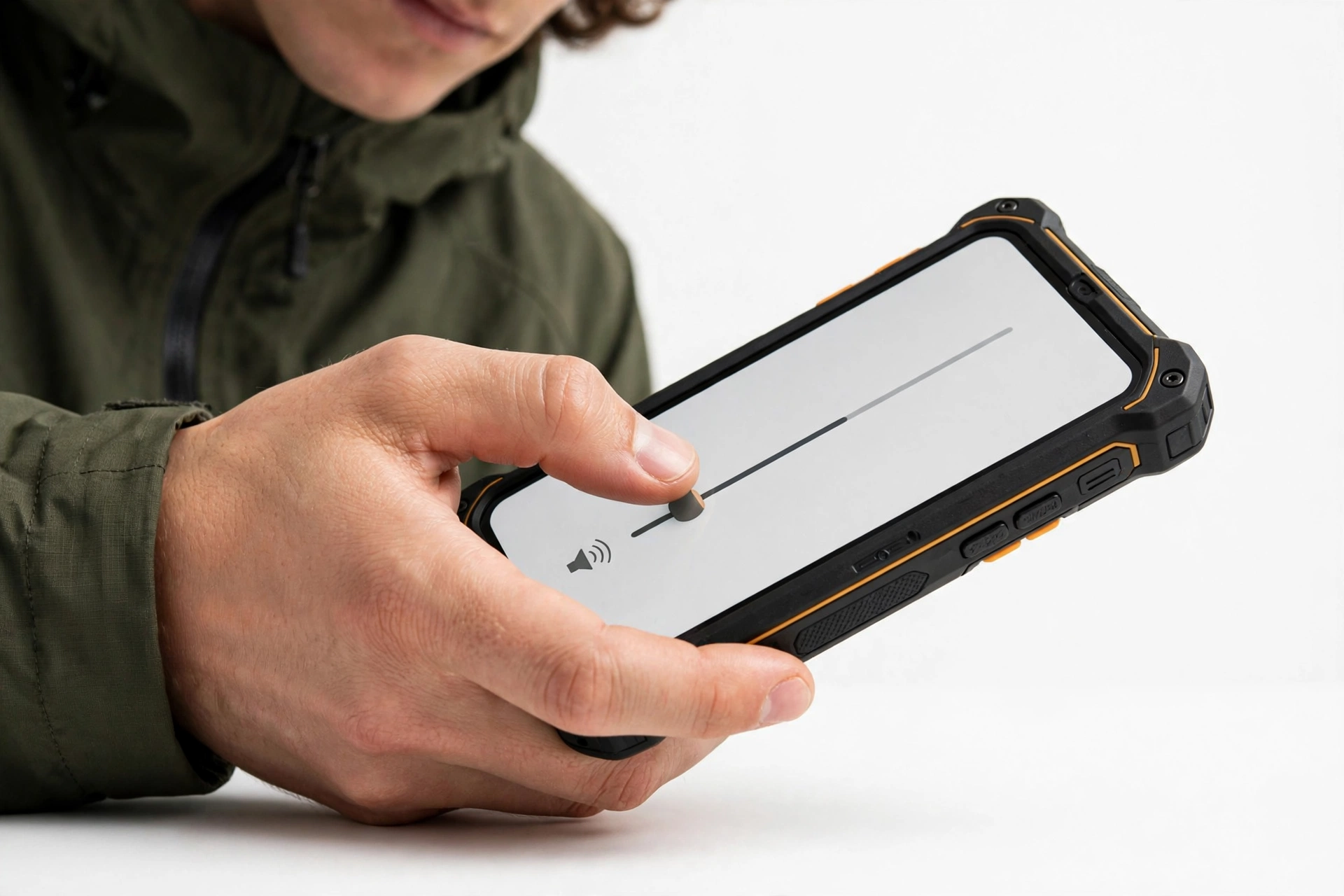 Person adjusting sound settings on a rugged smartphone