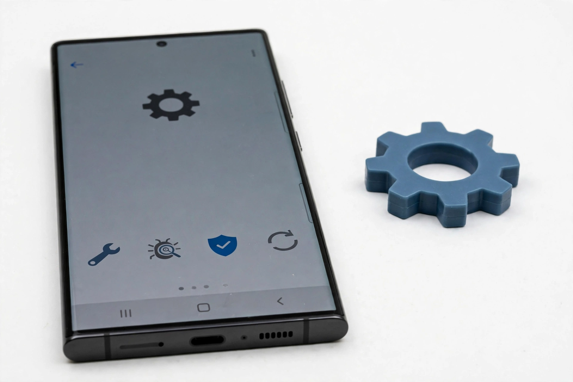 Smartphone beside settings icon, keyboard app troubleshooting concept
