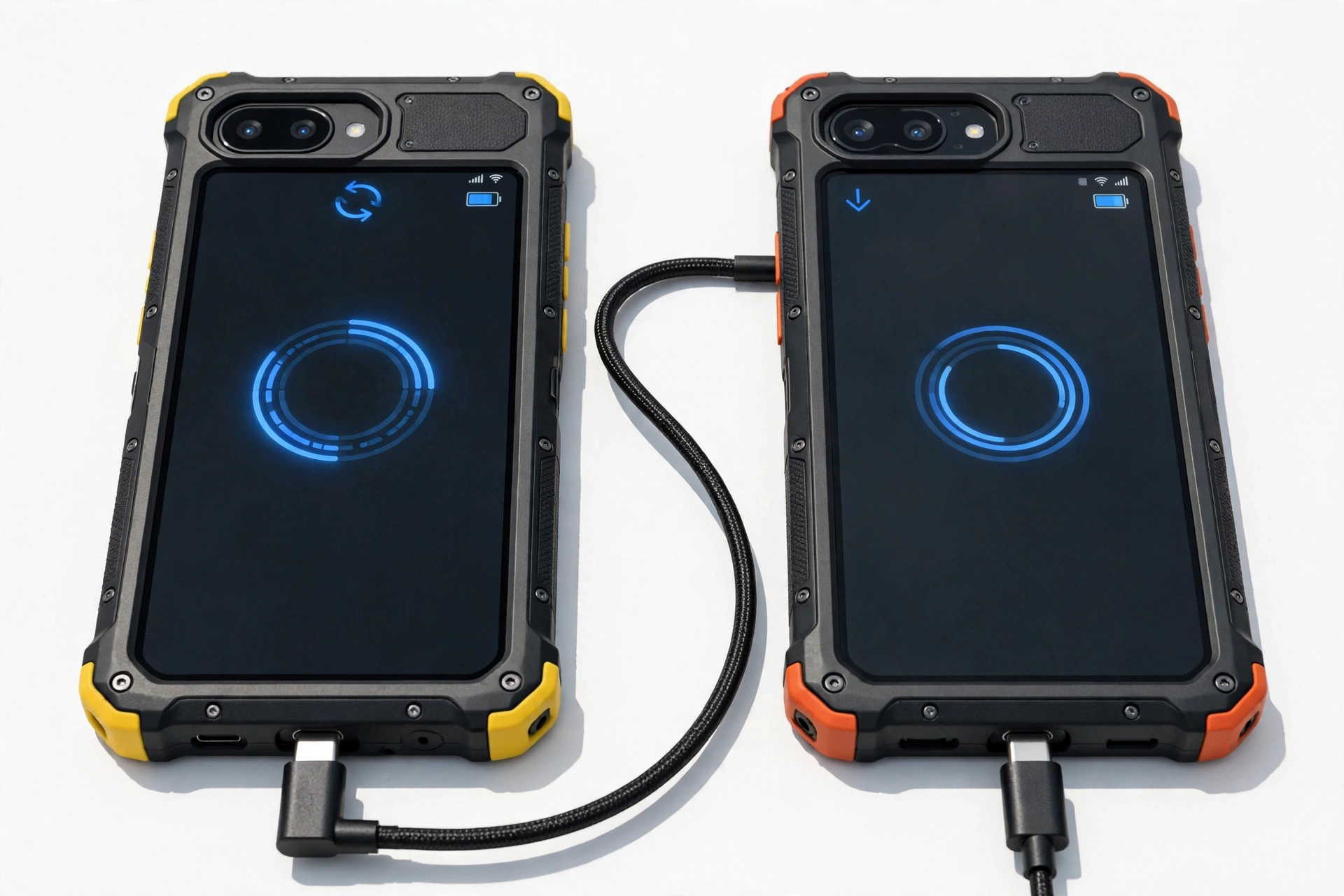 Two rugged smartphones connected by USB cable transferring data