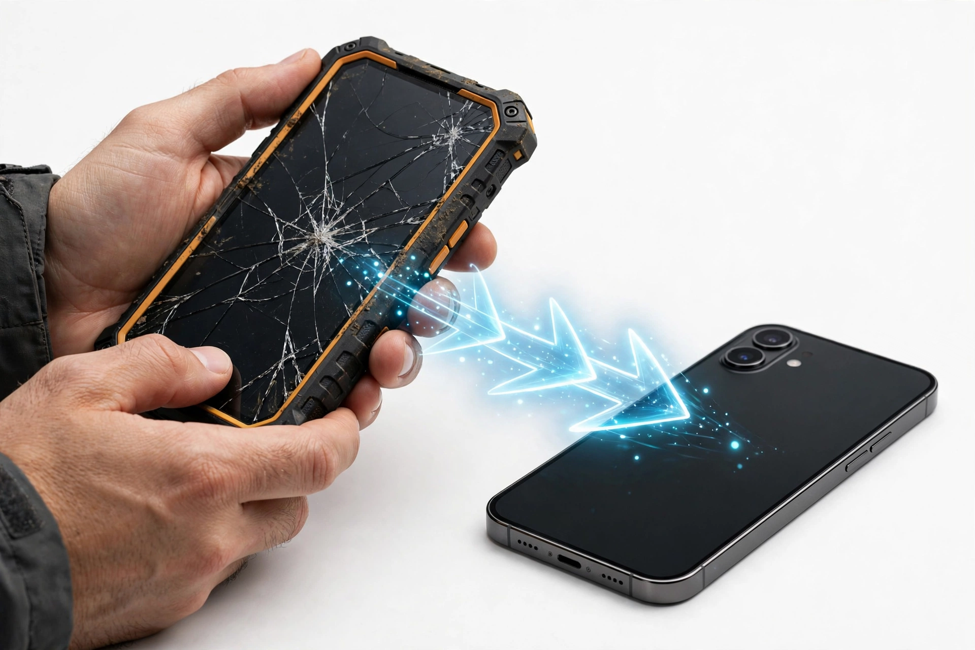 Rugged phone with cracked screen next to a new phone, data migration concept