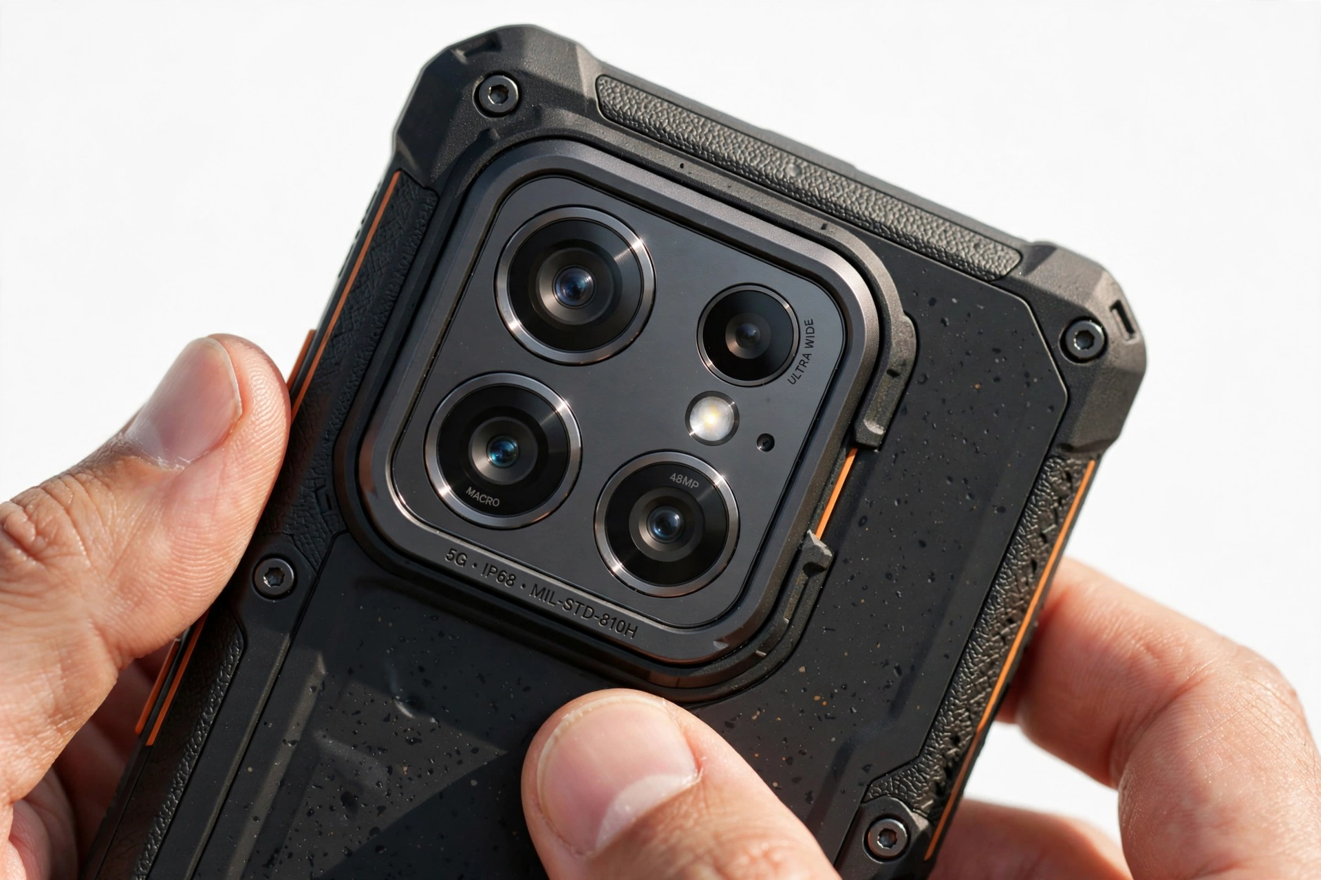 Close-up of a rugged smartphone camera module being inspected