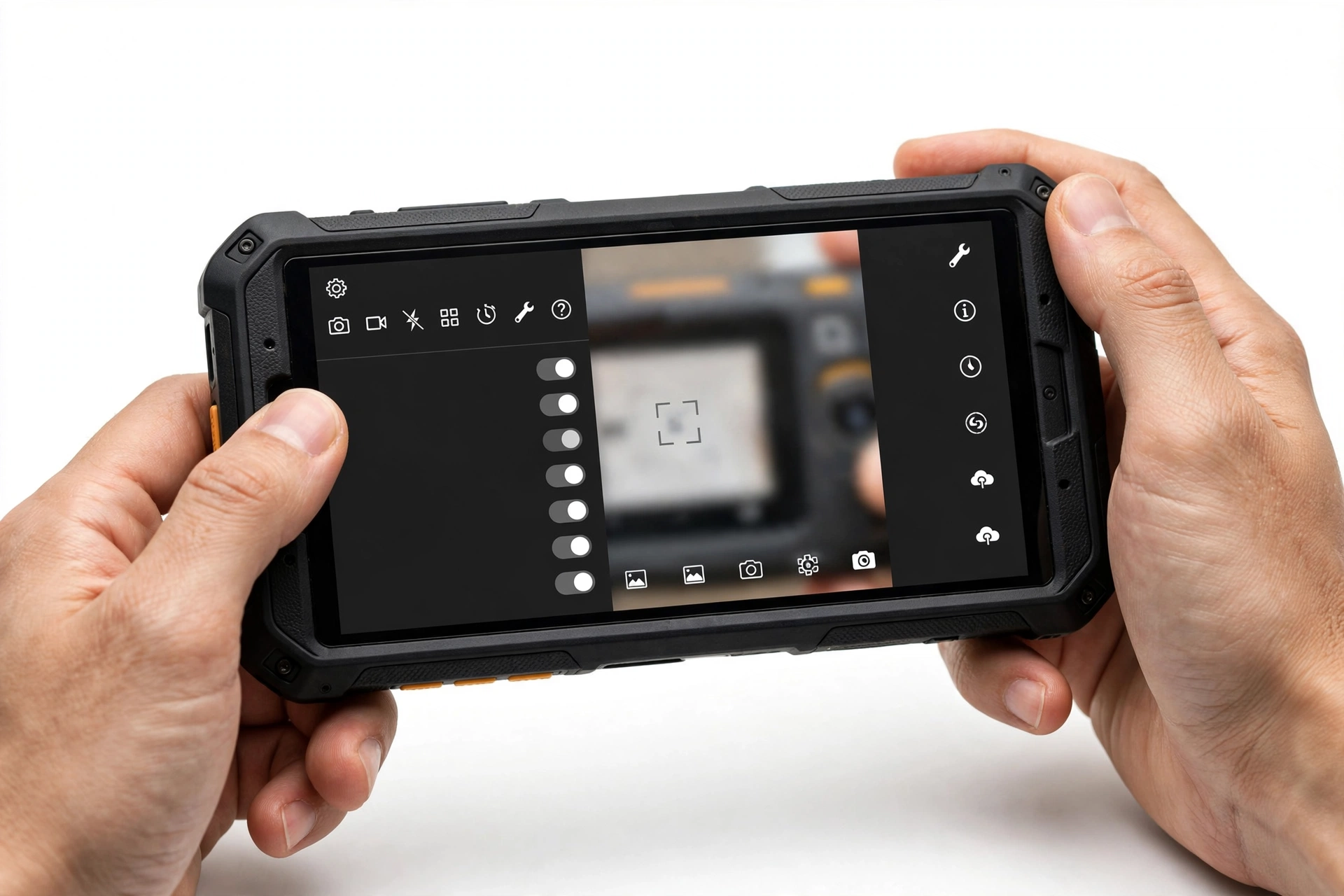 Hands holding a rugged smartphone showing camera settings for troubleshooting