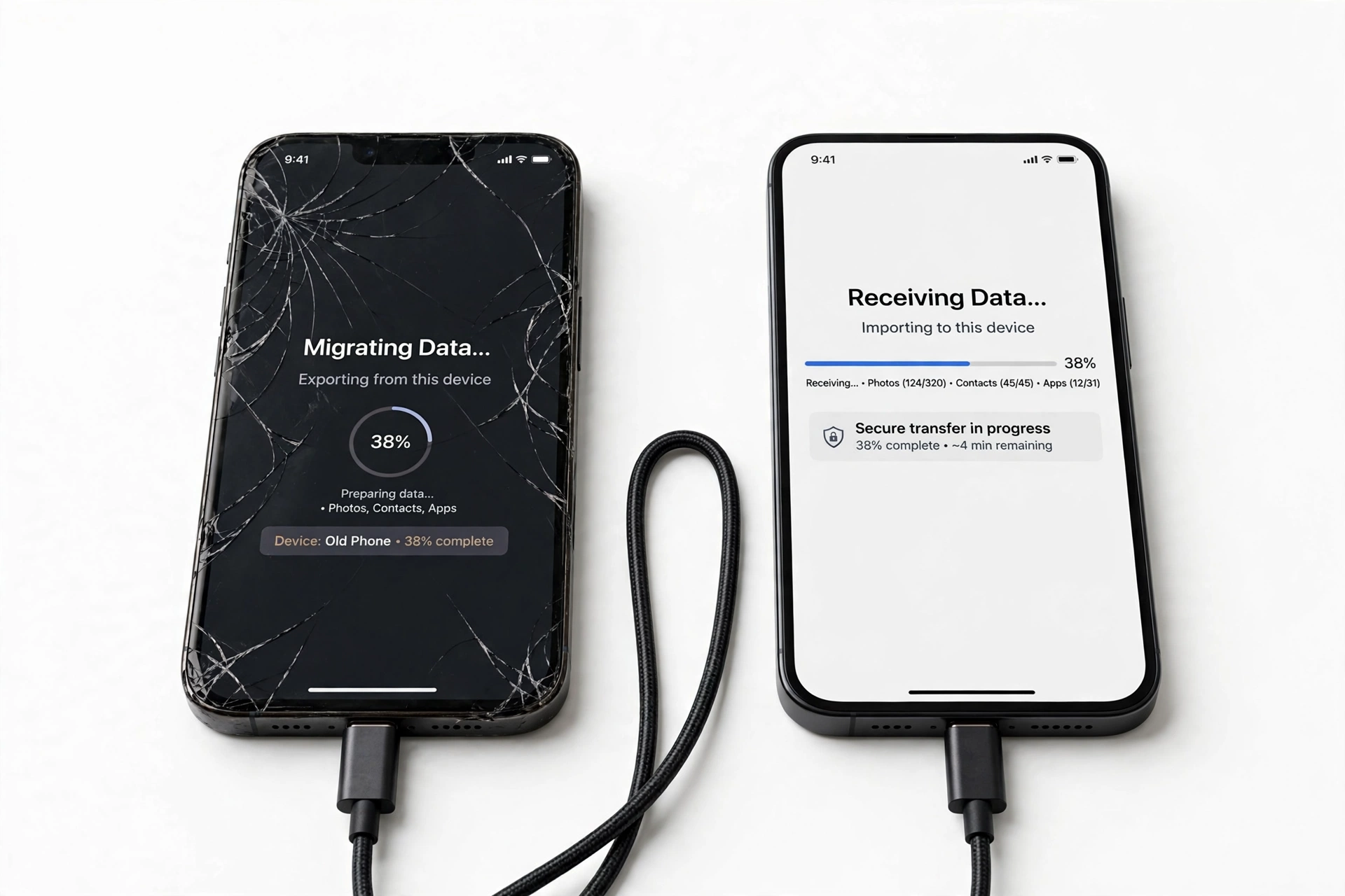 Two smartphones connected by cable transferring data