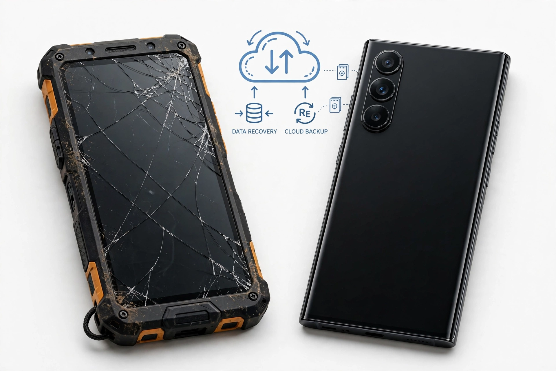 Rugged phone with cracked screen next to new phone, data recovery theme