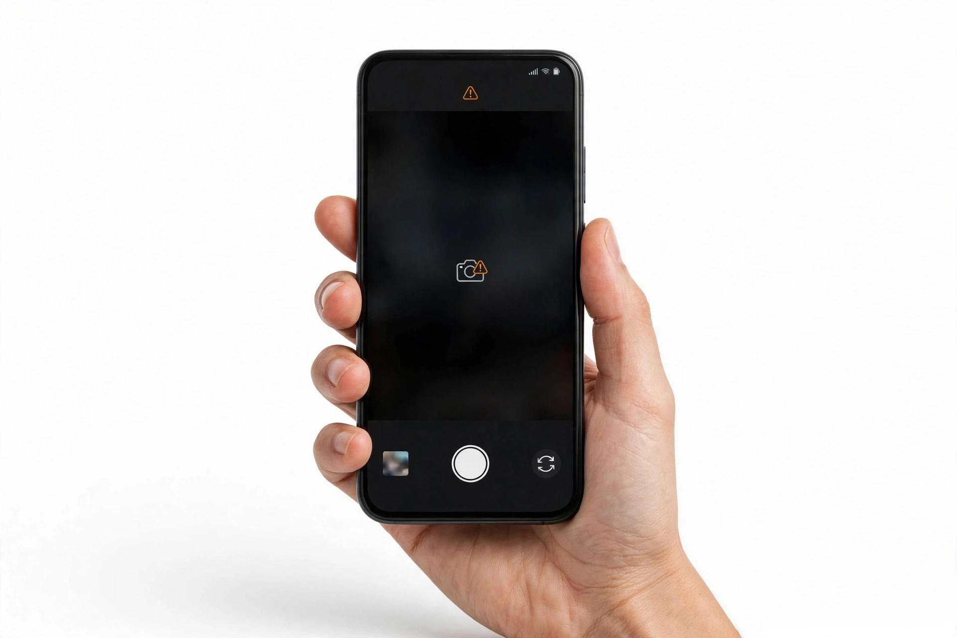 Hand holding a smartphone with the camera app open, troubleshooting a camera issue