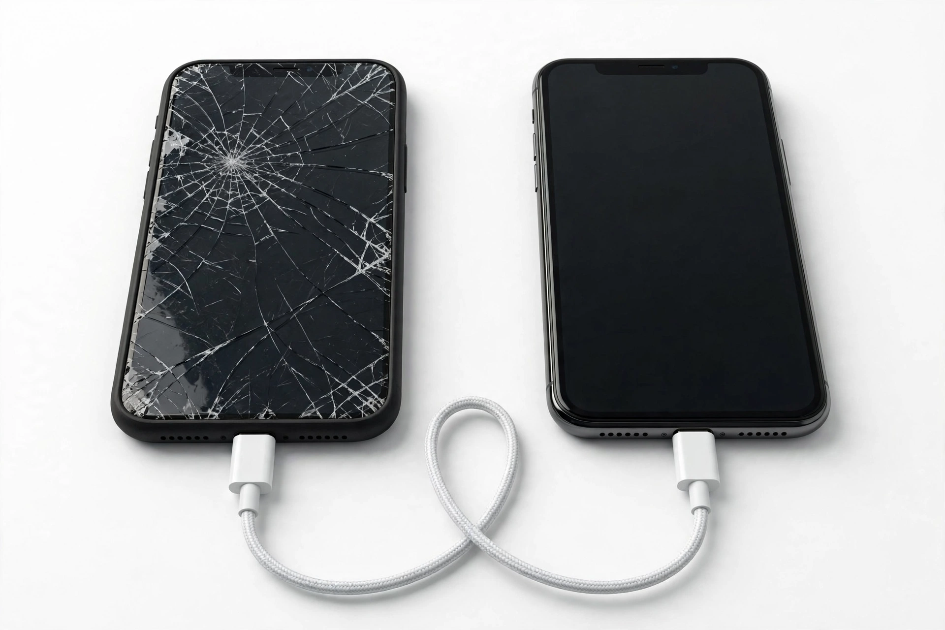 Two smartphones connected by USB cable transferring data, one with cracked screen
