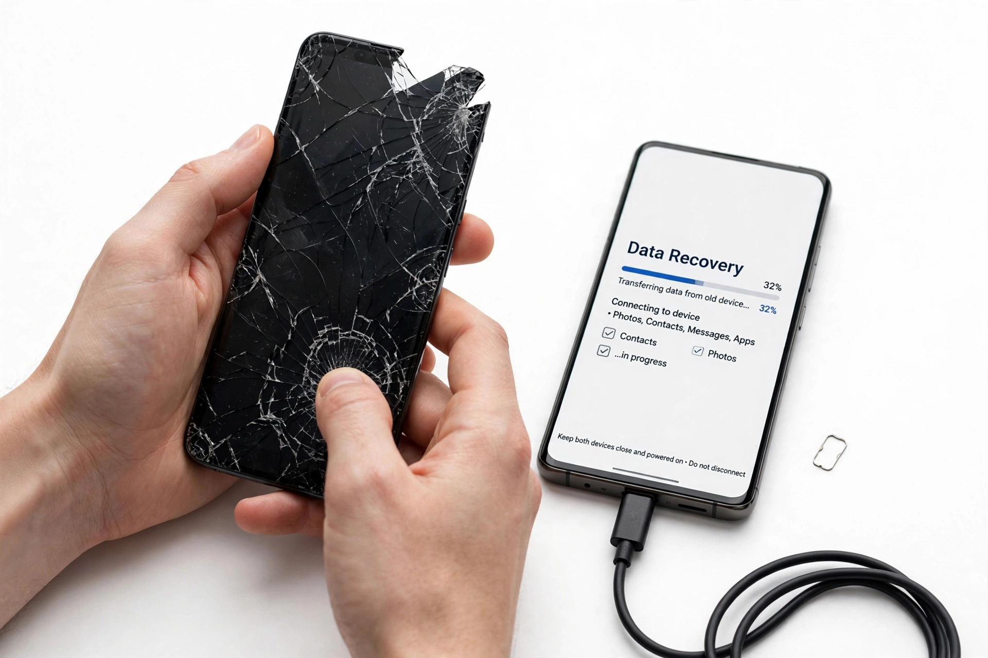 Hands holding a broken phone with cracked screen next to a new phone