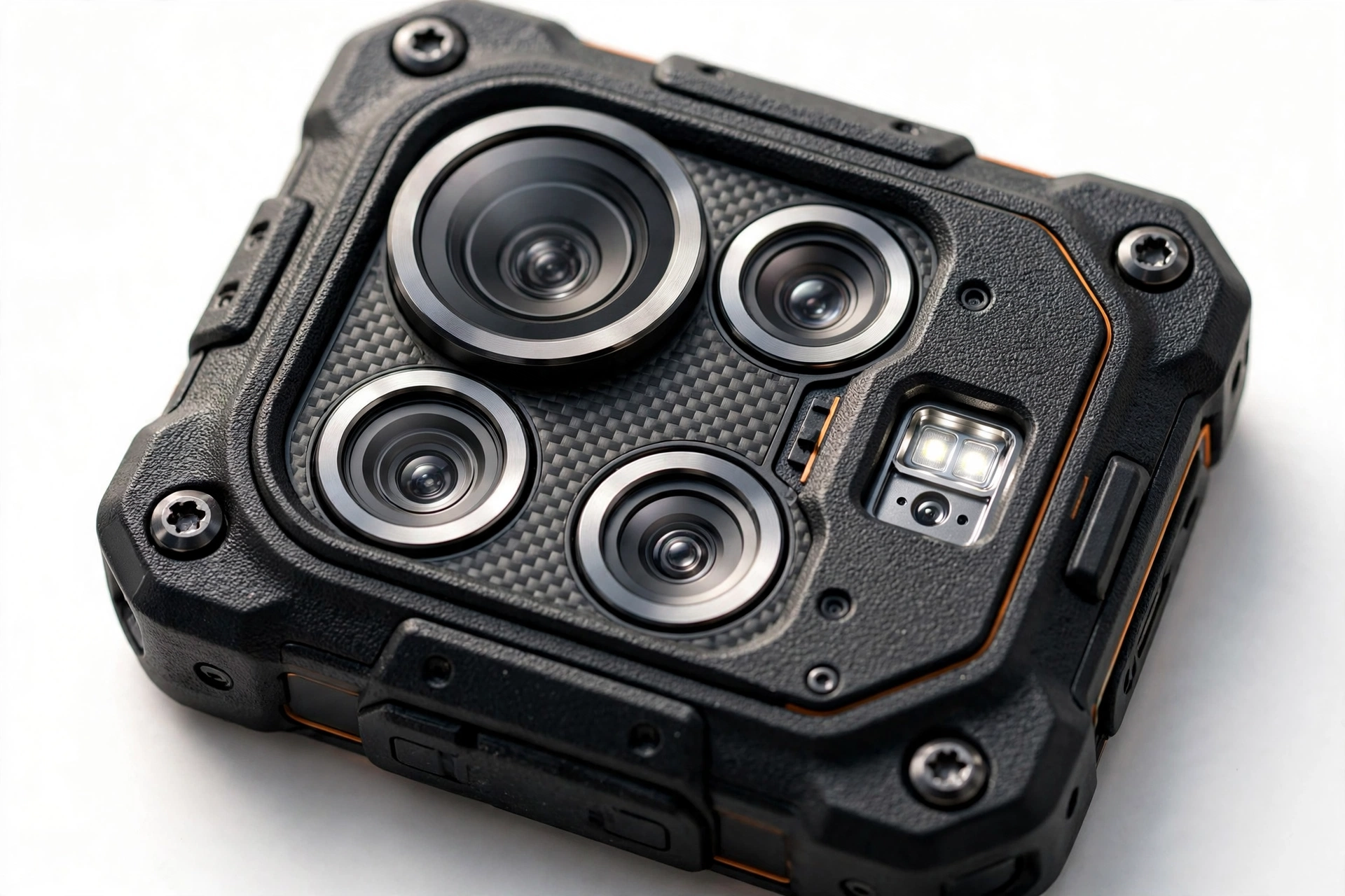 Close-up of a rugged smartphone camera module with multiple lenses