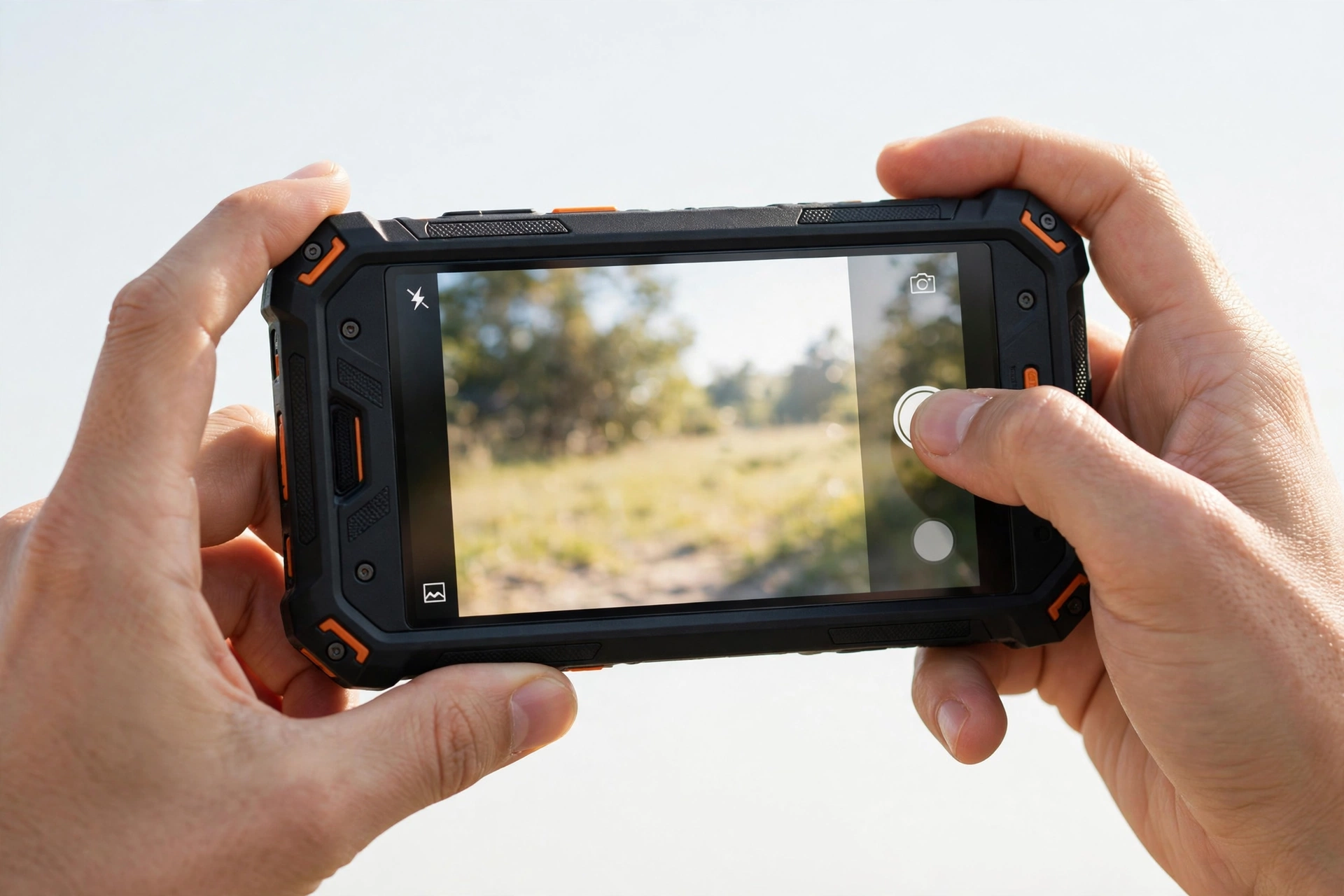 Hands holding a rugged smartphone testing its camera