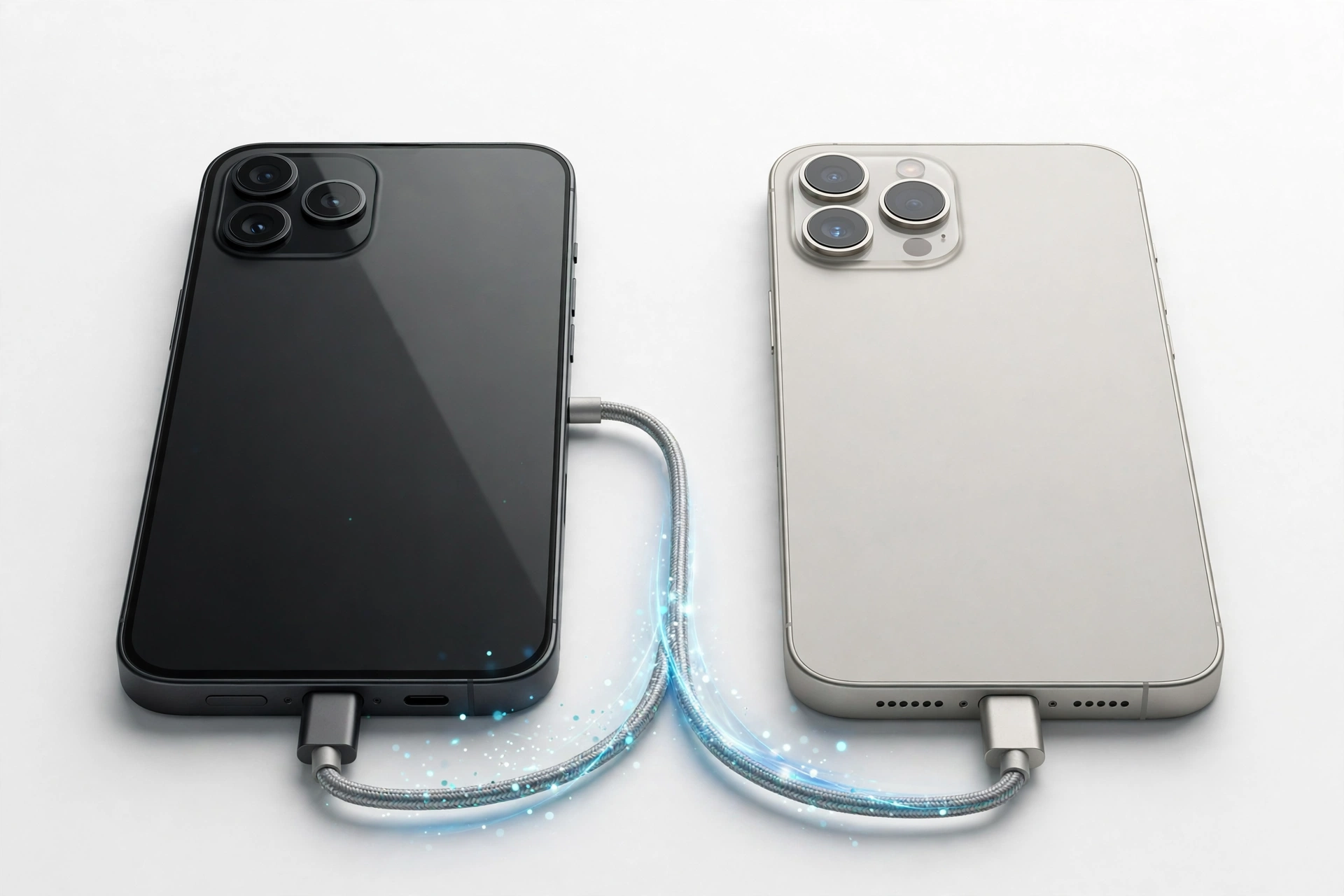 Two smartphones connected by cable for data transfer