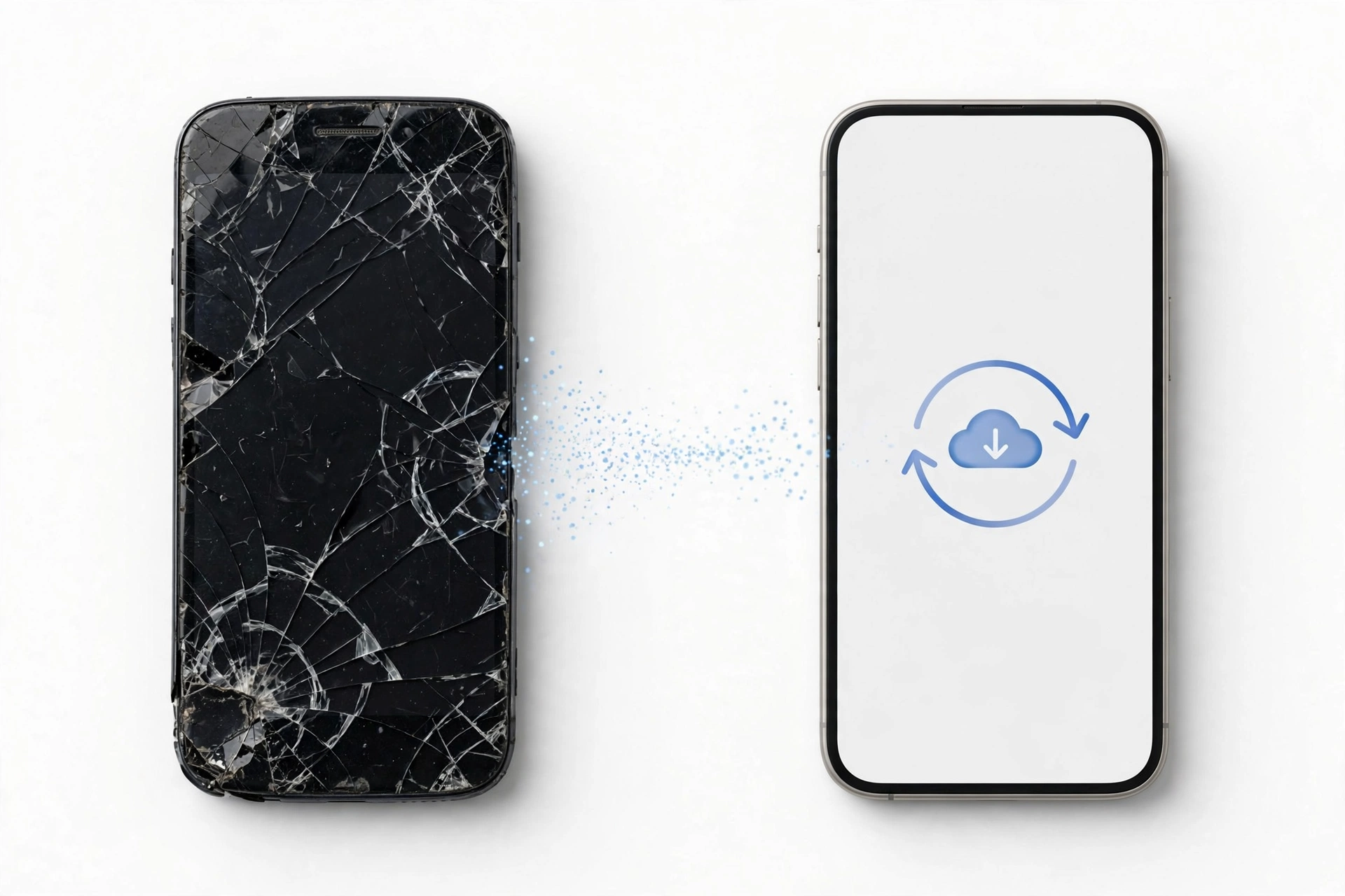 Broken smartphone next to new smartphone, data migration concept