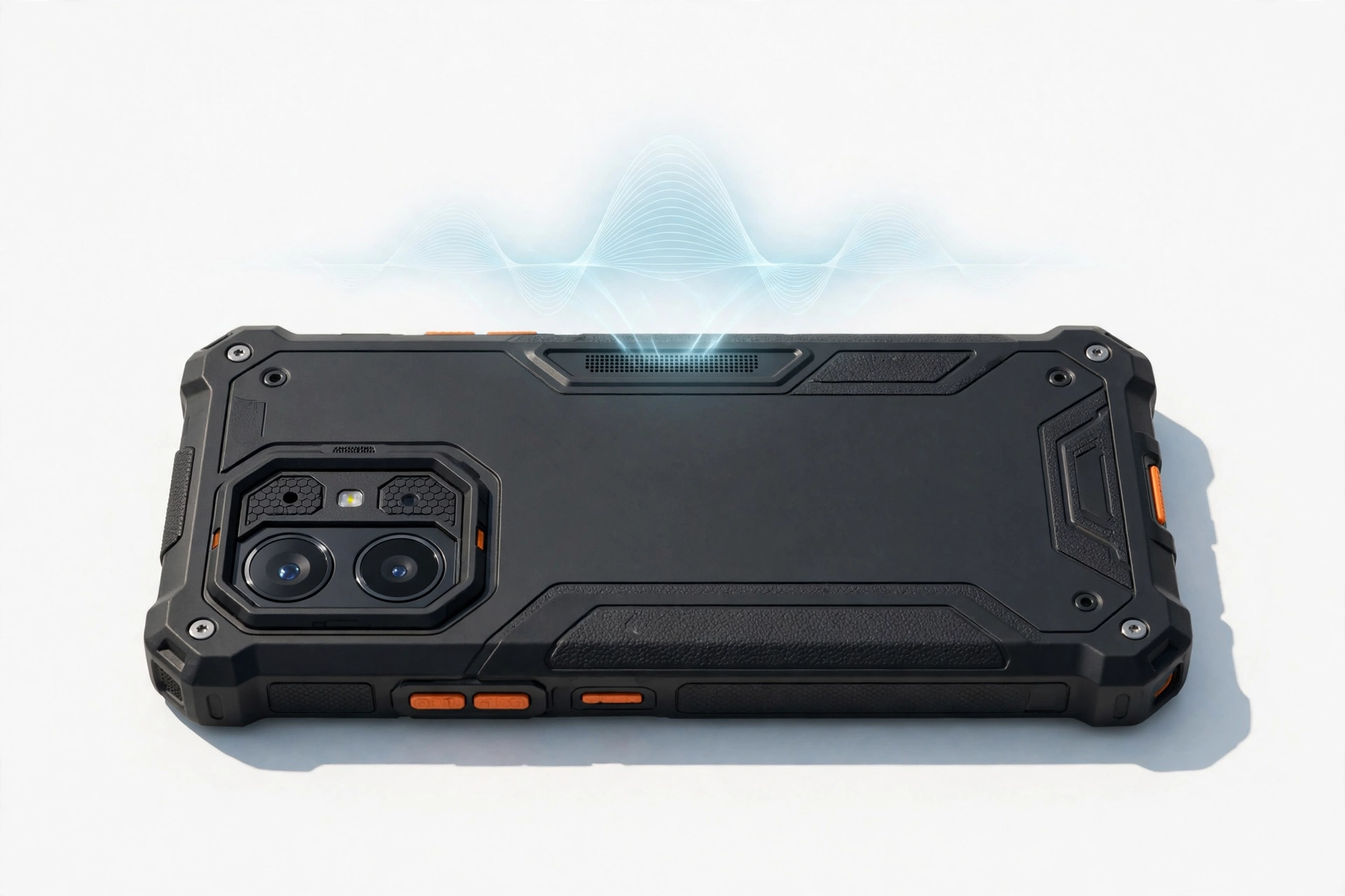Rugged smartphone with sound wave visualization above speaker