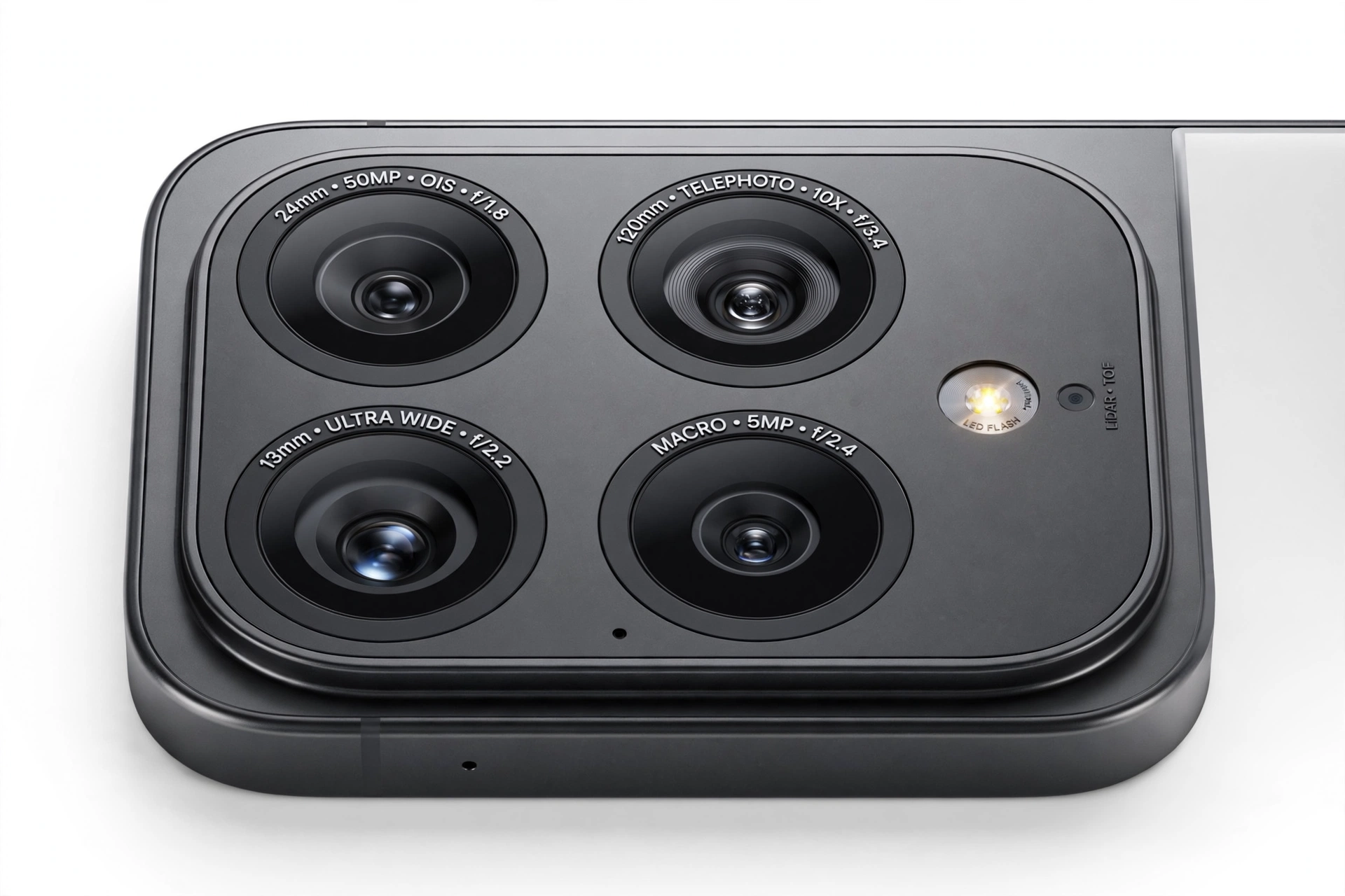 Close-up of a smartphone rear camera module with multiple lenses