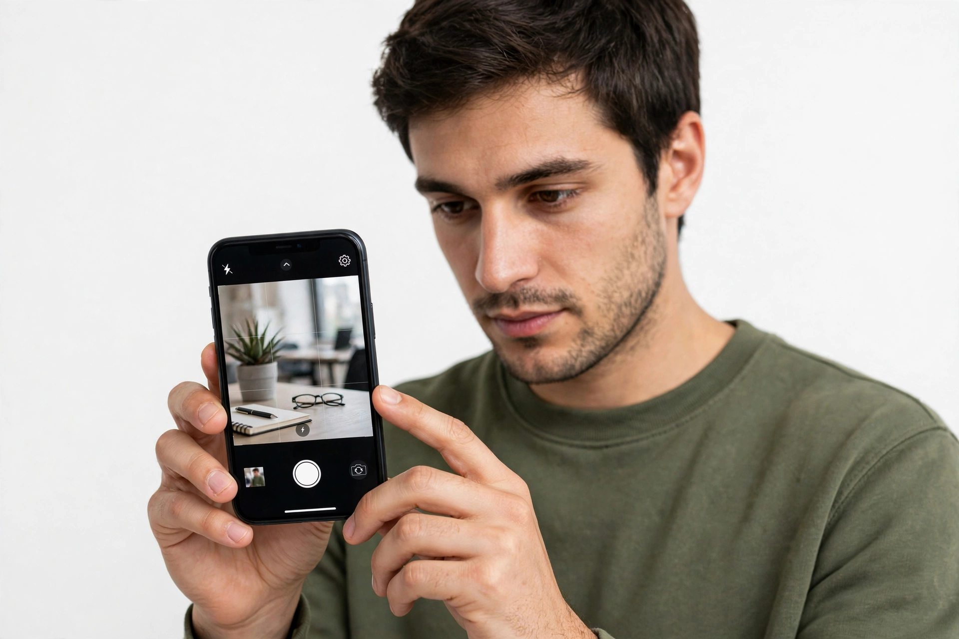 Person holding a smartphone testing the camera app