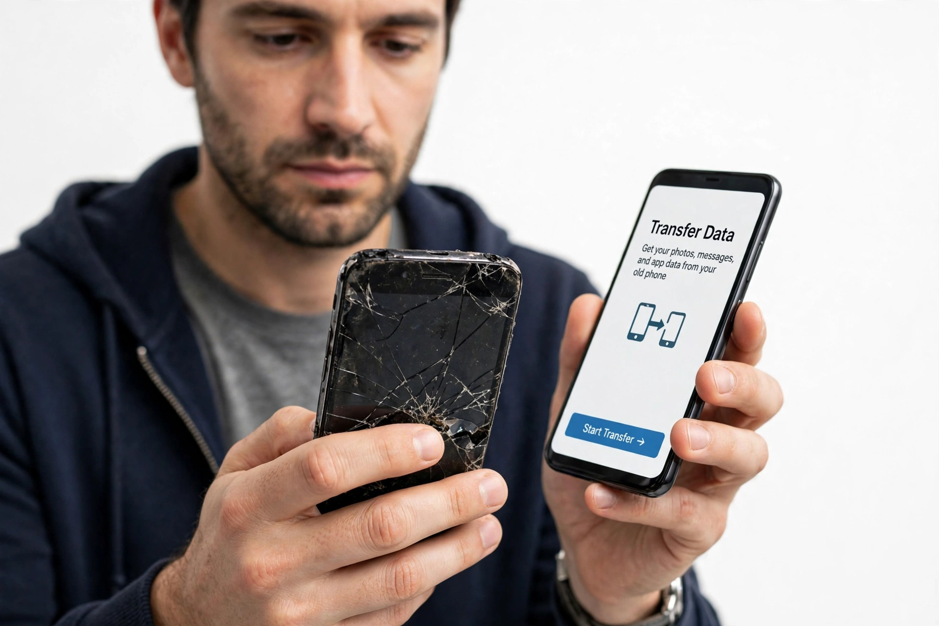 Person holding an old and a new smartphone for data transfer