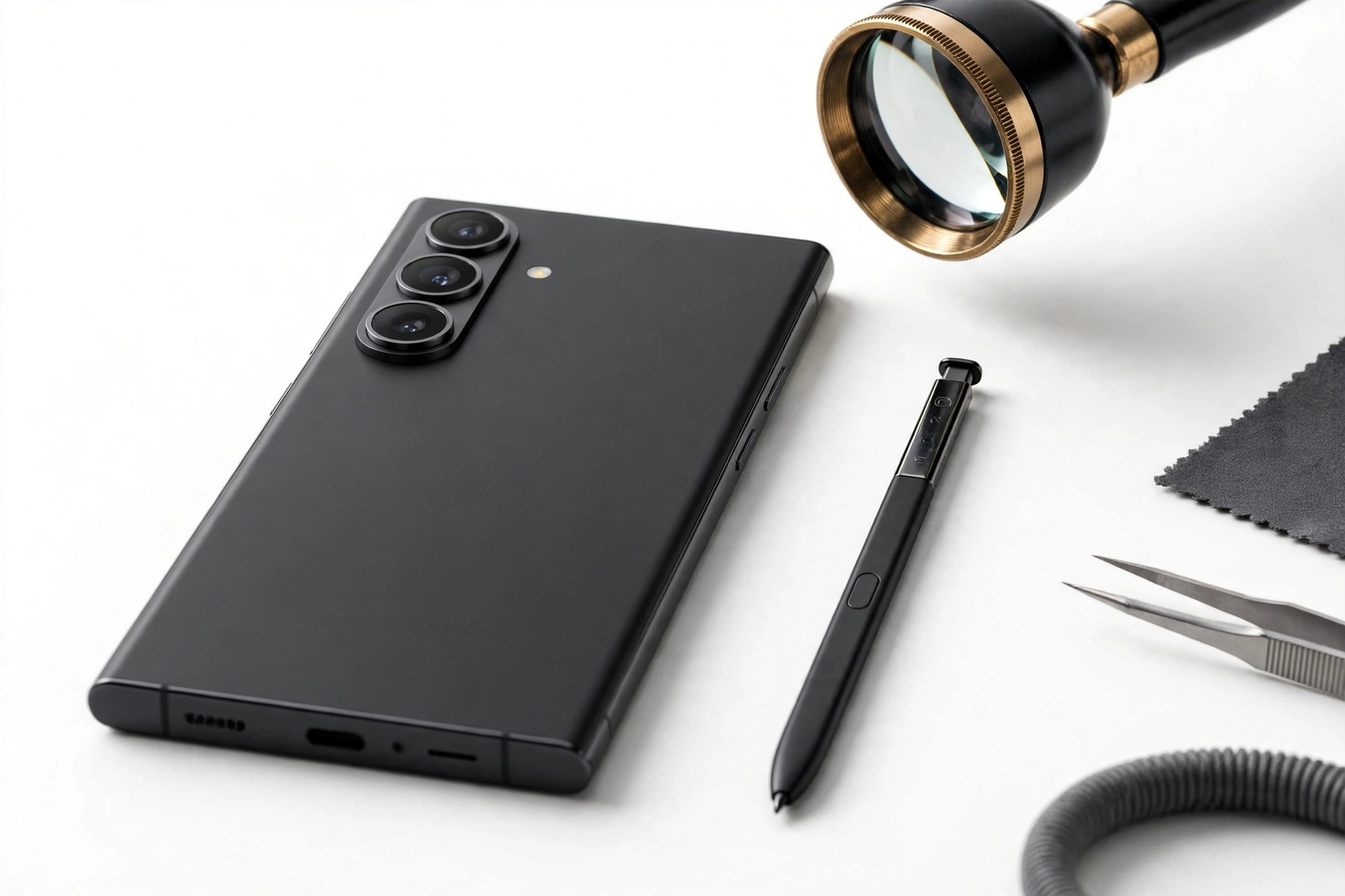 Premium smartphone with S Pen stylus being inspected for authenticity