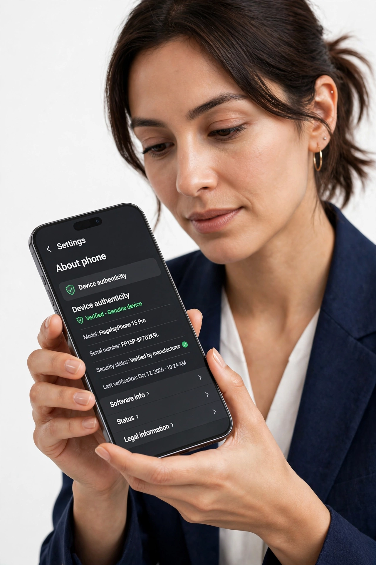 Person inspecting a flagship smartphone screen settings for authenticity
