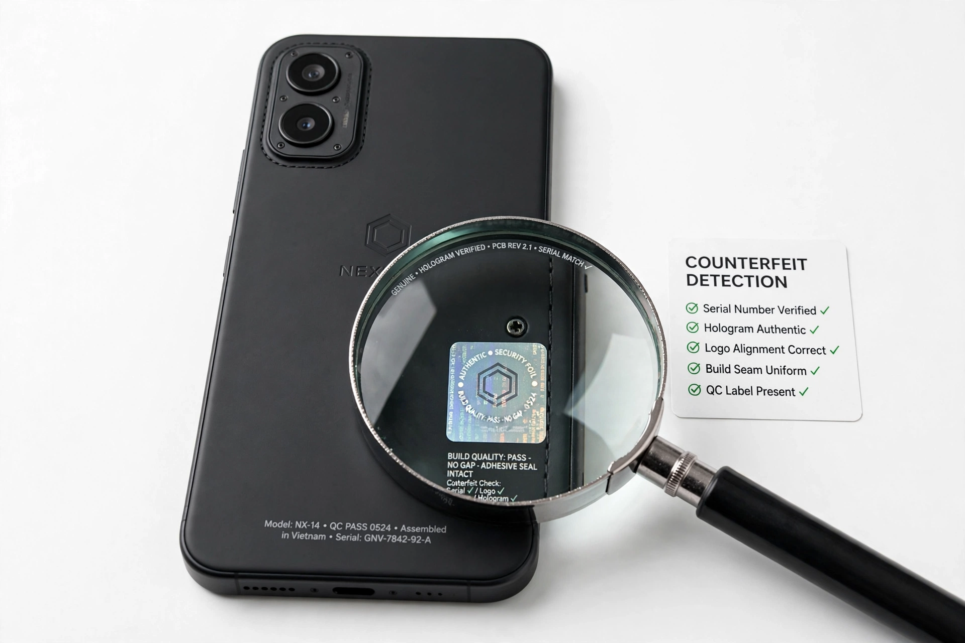 Magnifying glass over smartphone revealing build quality details