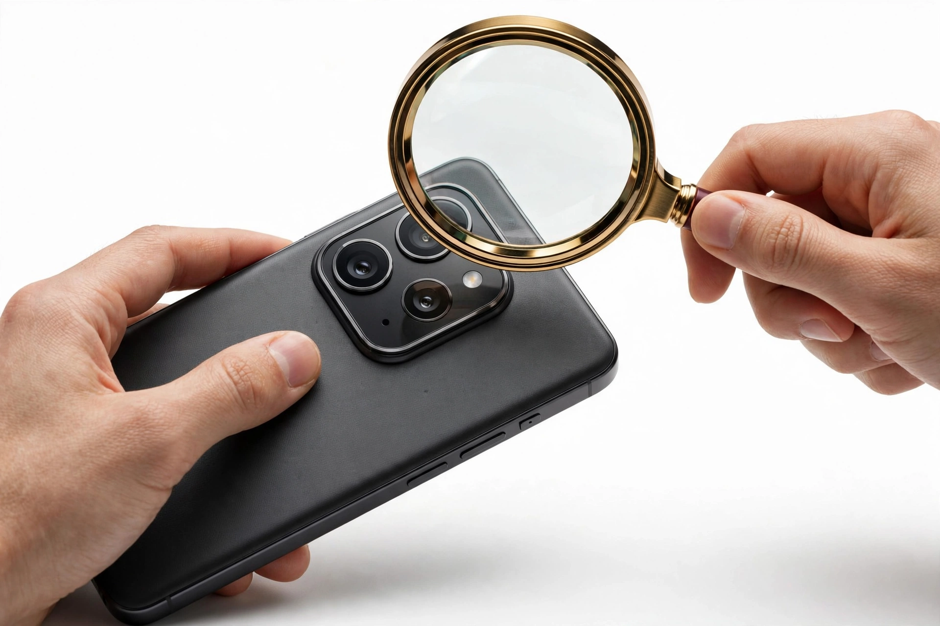 Flagship smartphone with square camera module examined with magnifying glass