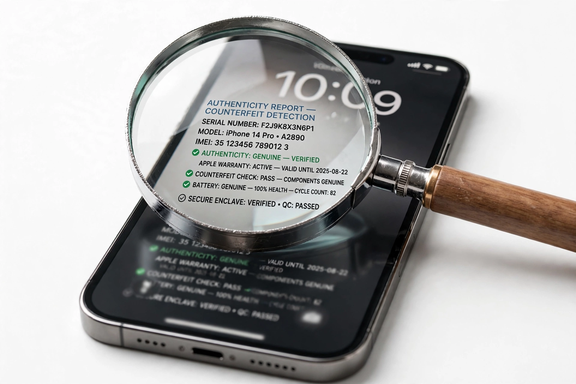Magnifying glass over an iPhone revealing serial number details