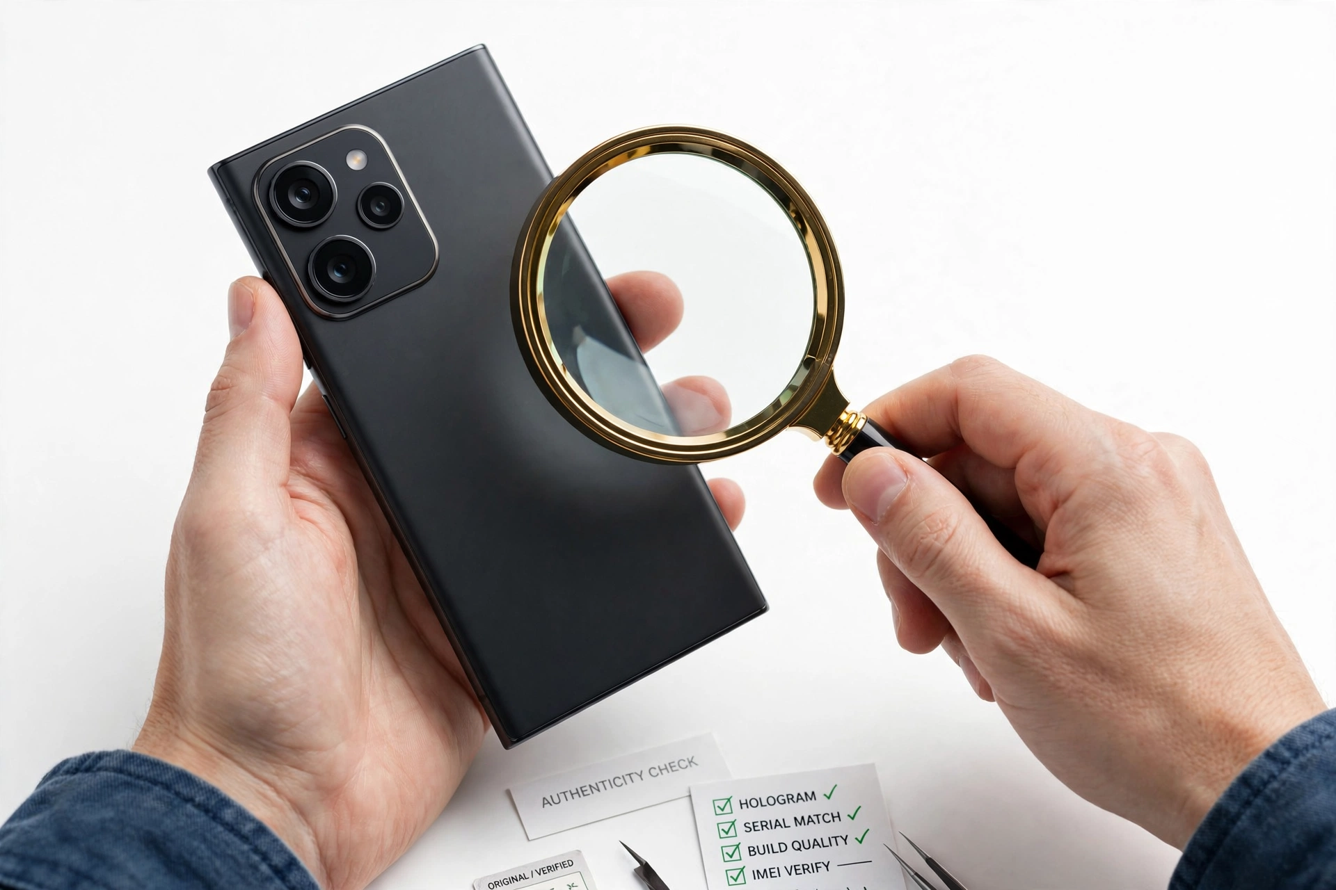 Person inspecting a premium smartphone with magnifying glass