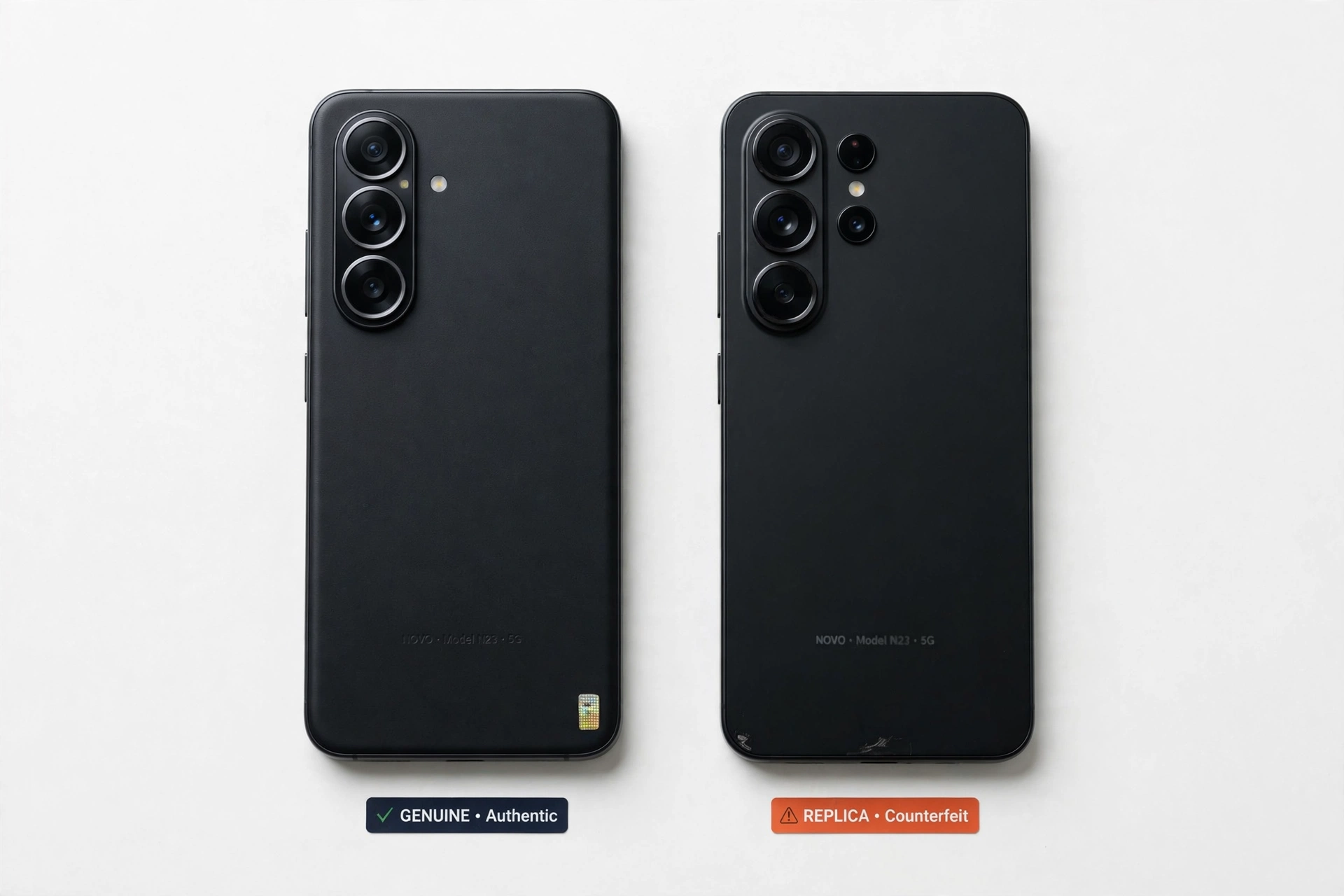 Two smartphones side by side, genuine versus replica comparison