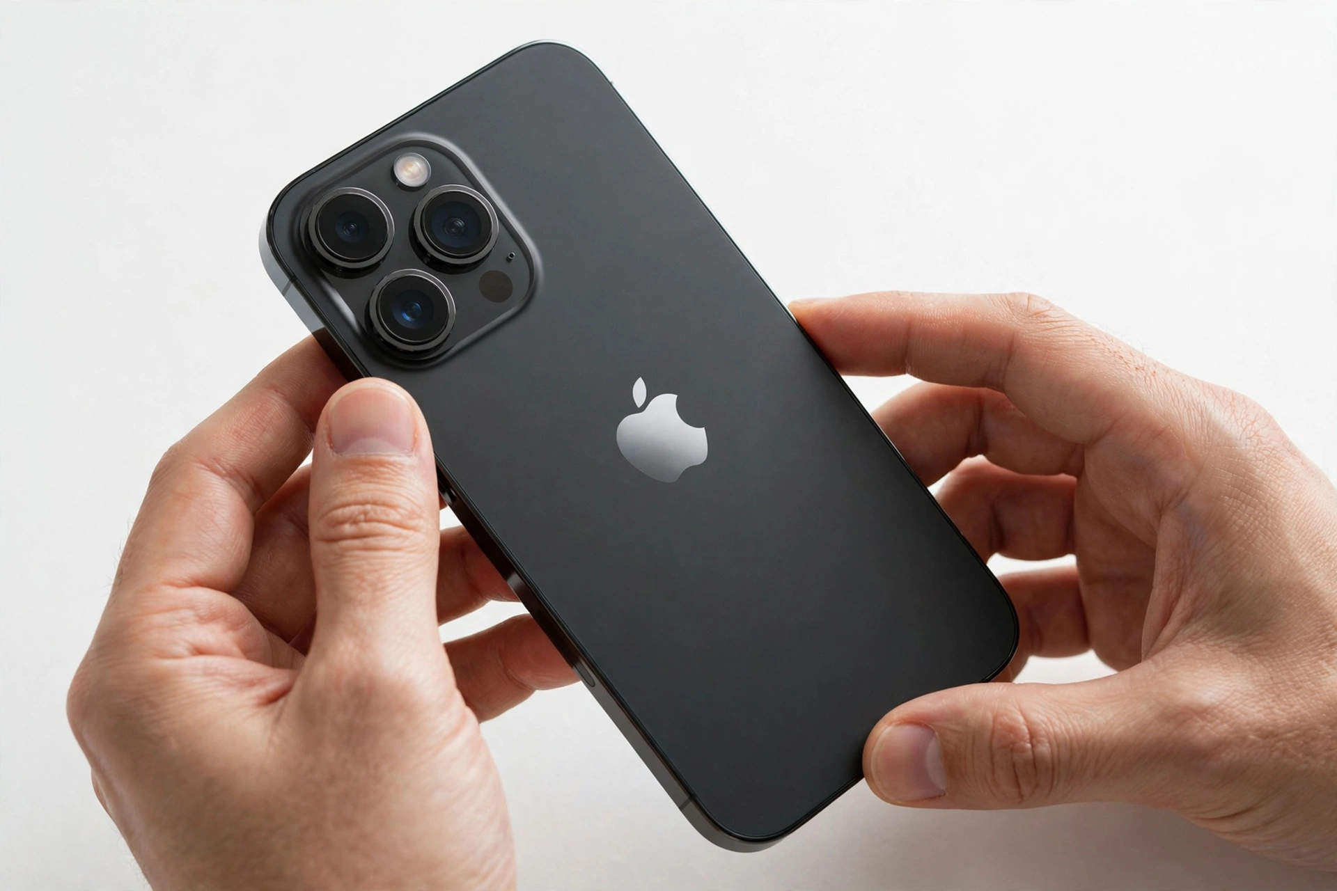 iPhone style smartphone back with cameras being examined for authenticity