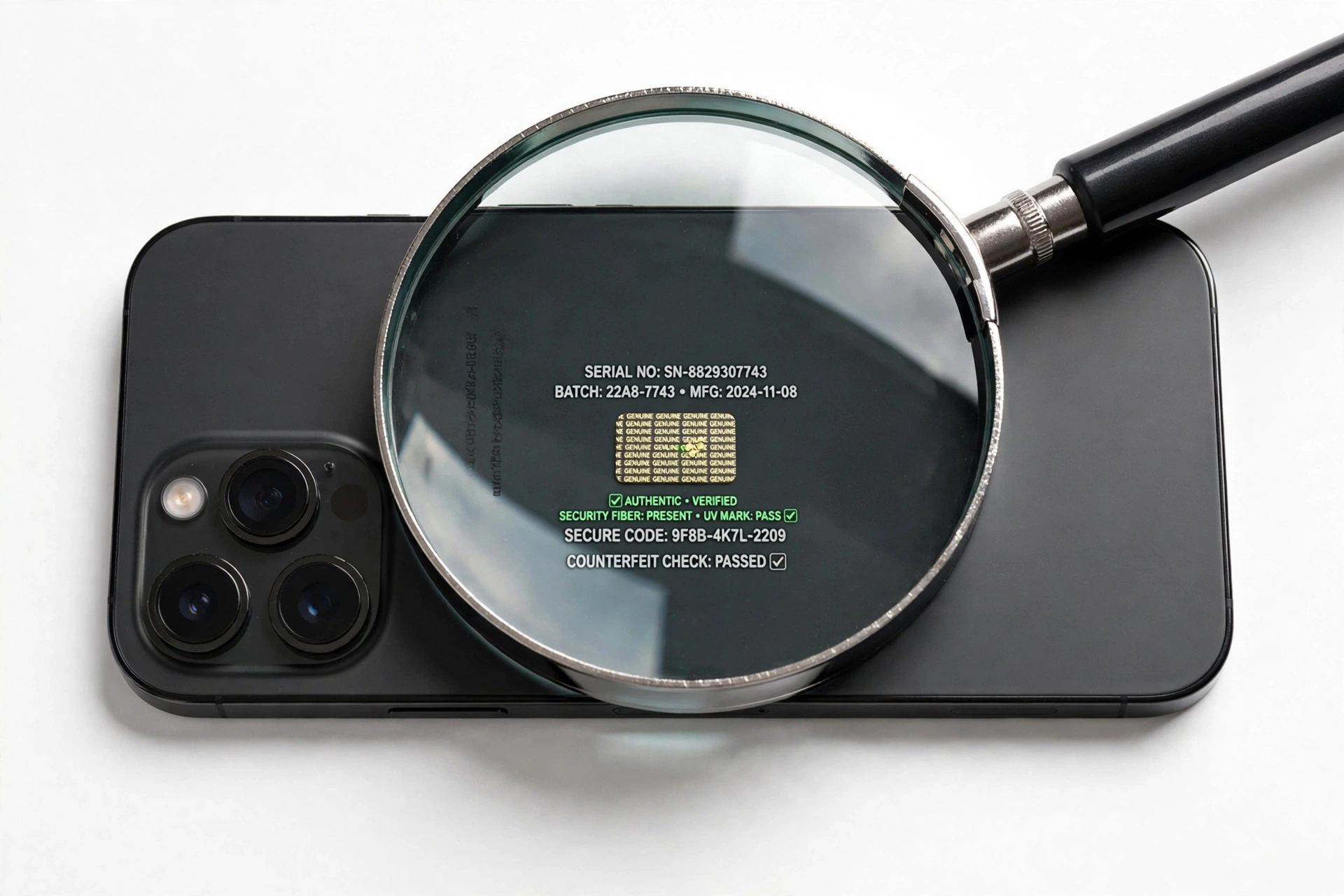 Magnifying glass over smartphone revealing serial number details