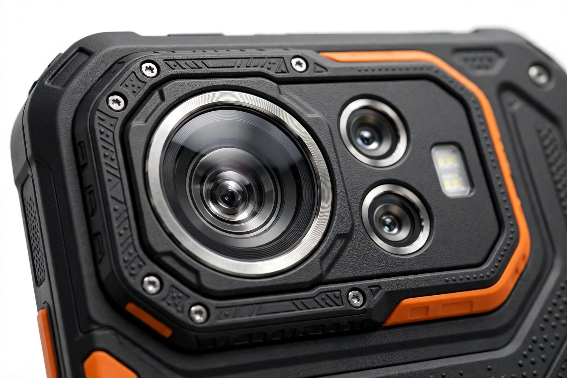 Close-up of a rugged smartphone rear camera module