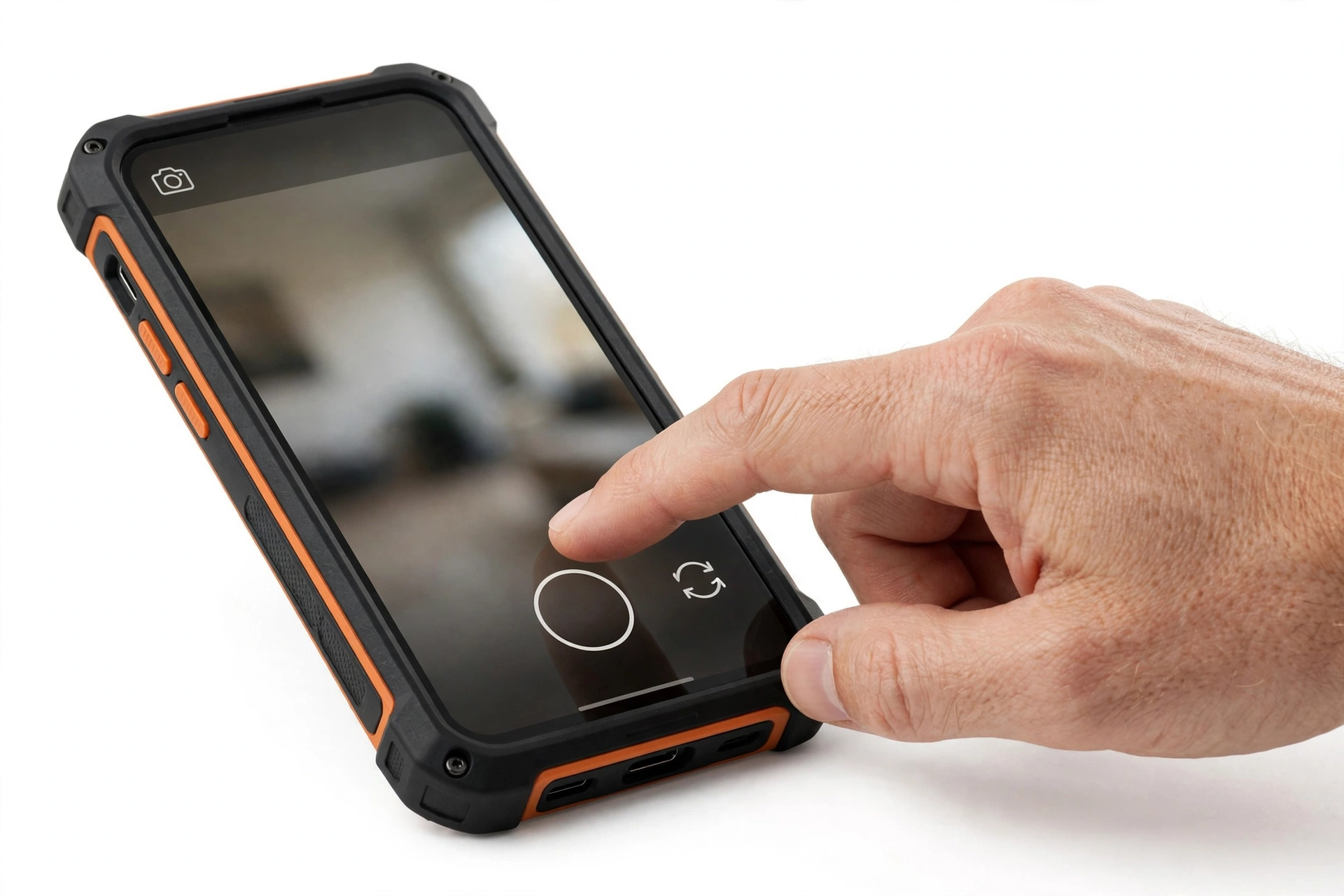 Hand tapping camera app on a rugged smartphone screen