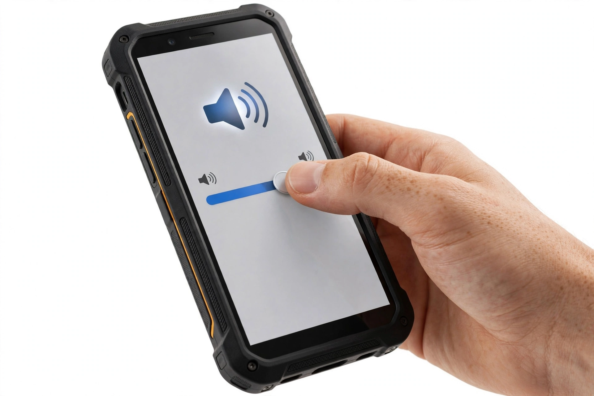 Hand adjusting sound settings on a rugged smartphone