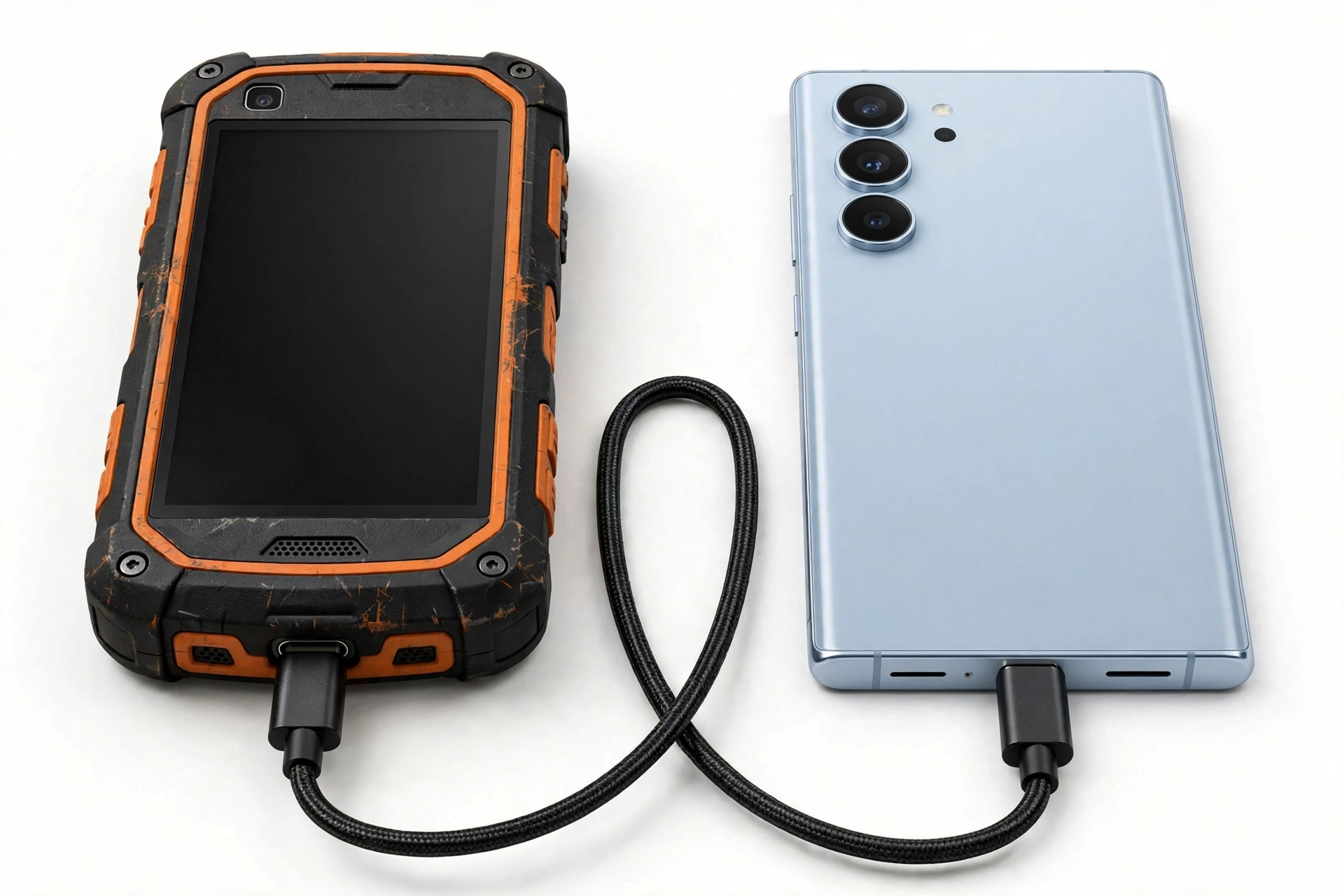 Two smartphones connected by USB cable for data transfer