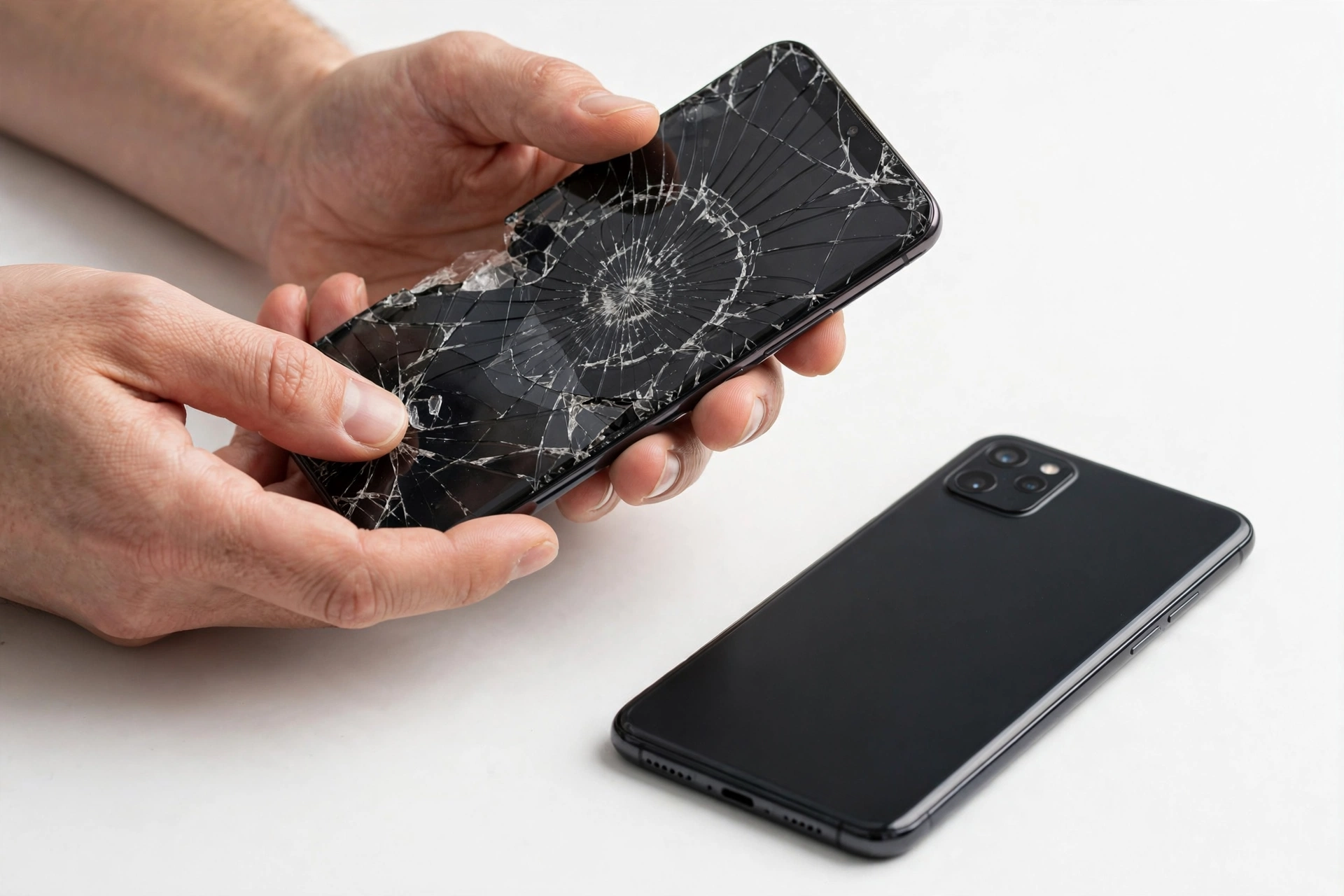 Broken smartphone next to a new phone for data recovery