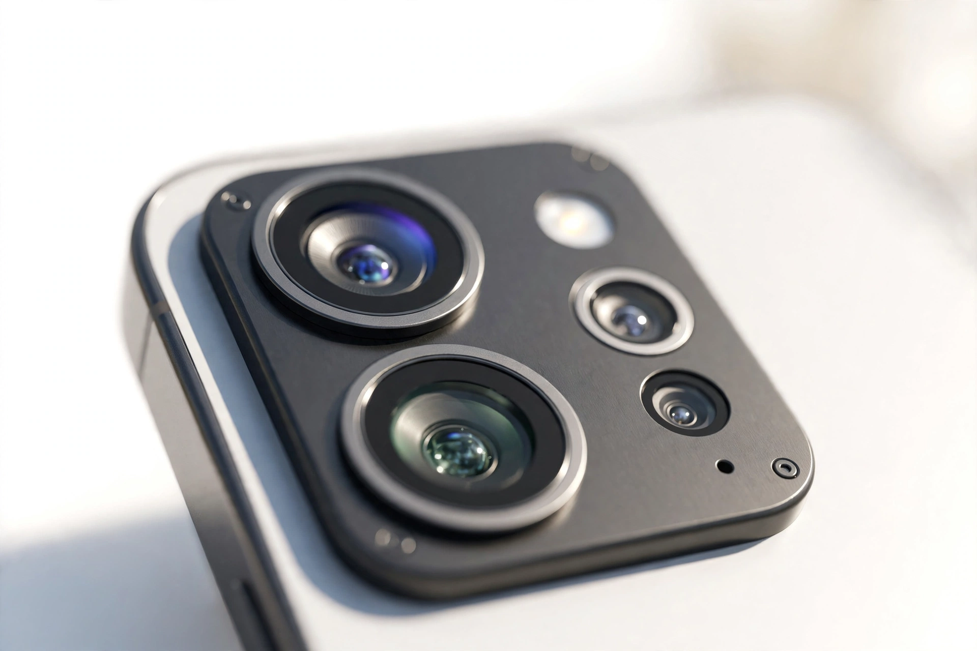 Close-up of a smartphone rear camera module with multiple lenses