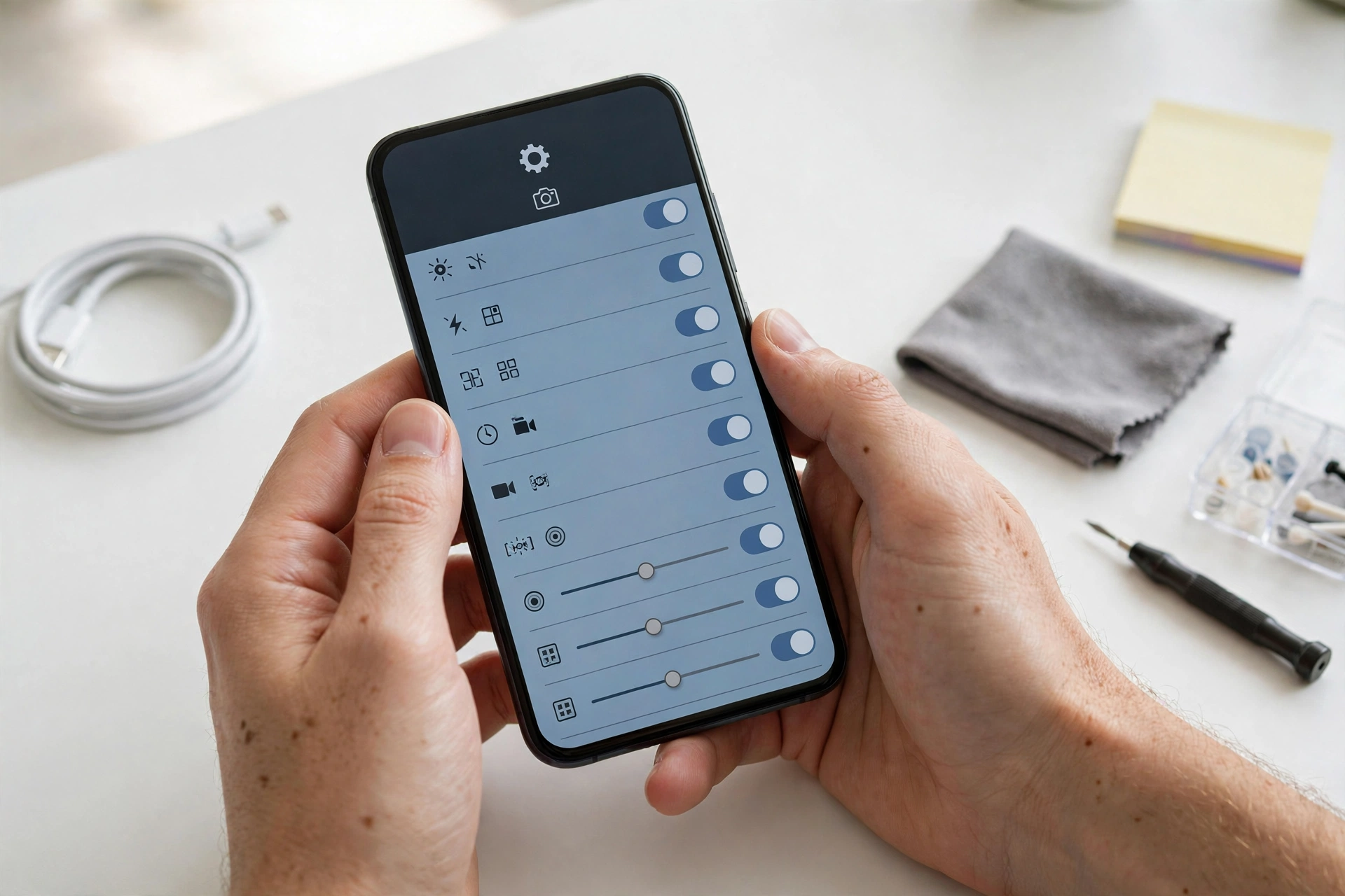 Hands holding a smartphone checking camera app settings