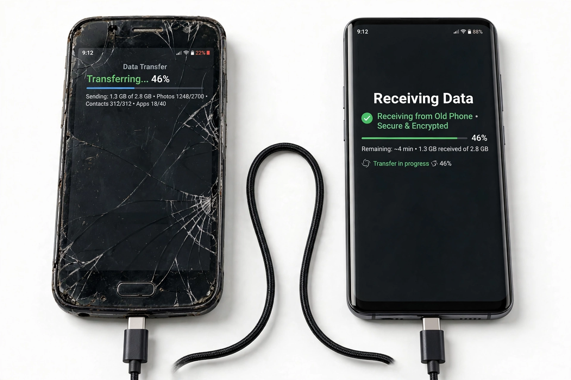 Two smartphones connected by cable for data transfer
