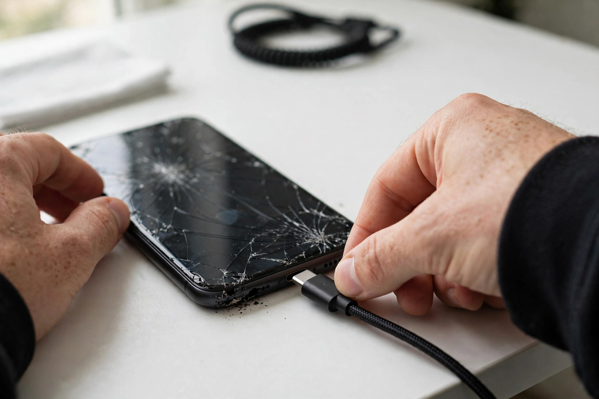 Hands plugging USB cable into damaged smartphone for data recovery