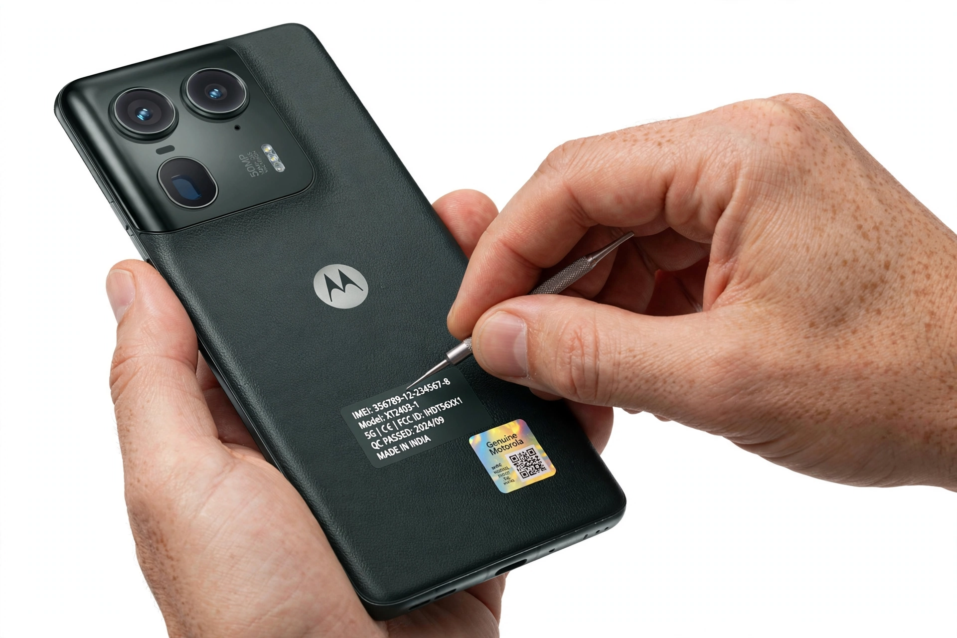 Hands examining a Motorola smartphone closely, checking authenticity details