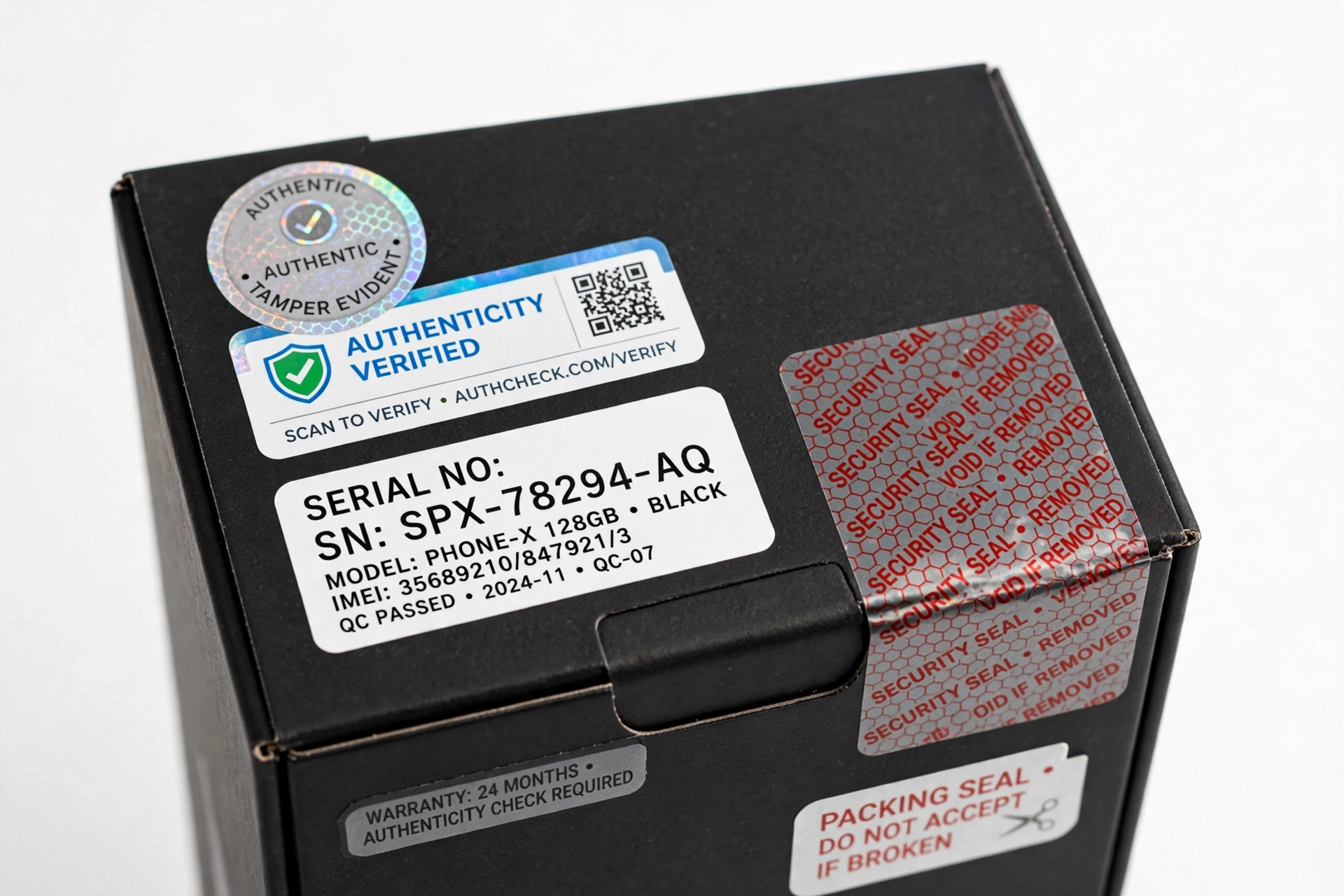 Smartphone box with verification labels and serial number, authenticity check