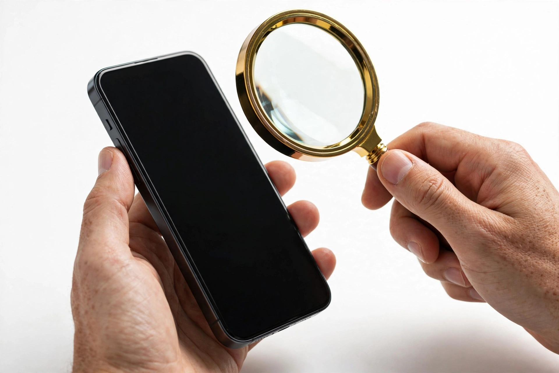 Examining a smartphone with magnifying glass for authenticity check