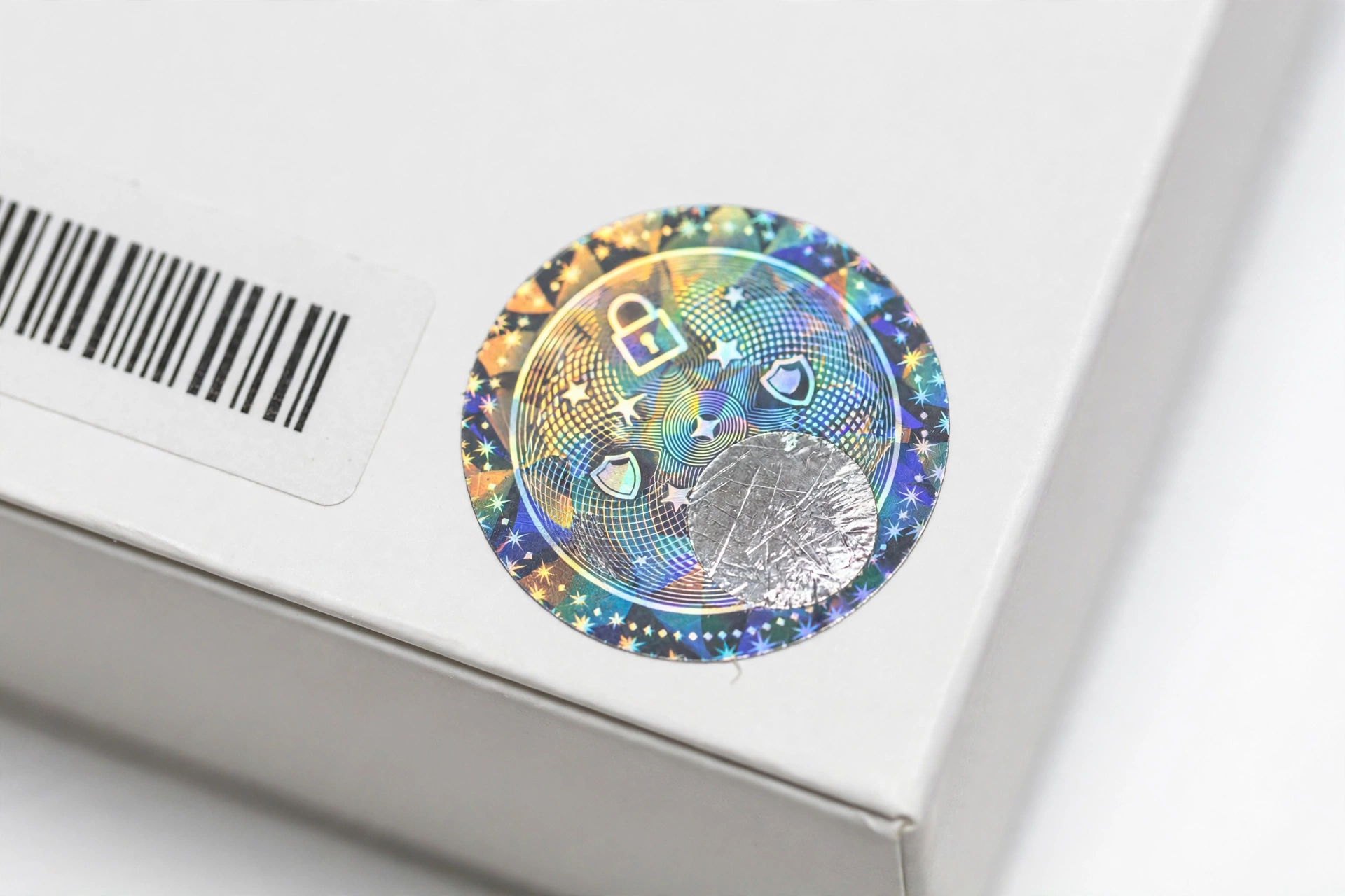 Smartphone box with serial number verification label close-up