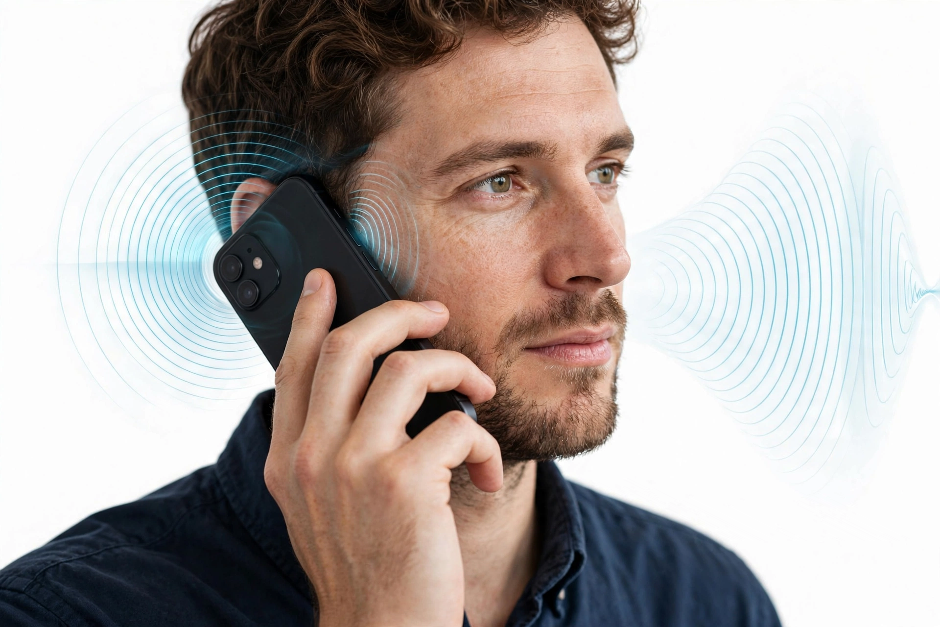 Person holding smartphone near ear testing speaker sound