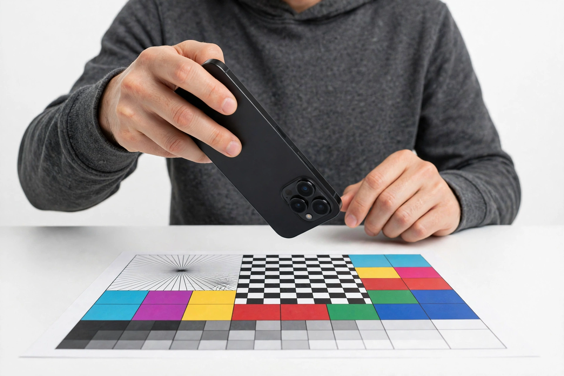 Person testing smartphone rear camera with a test chart