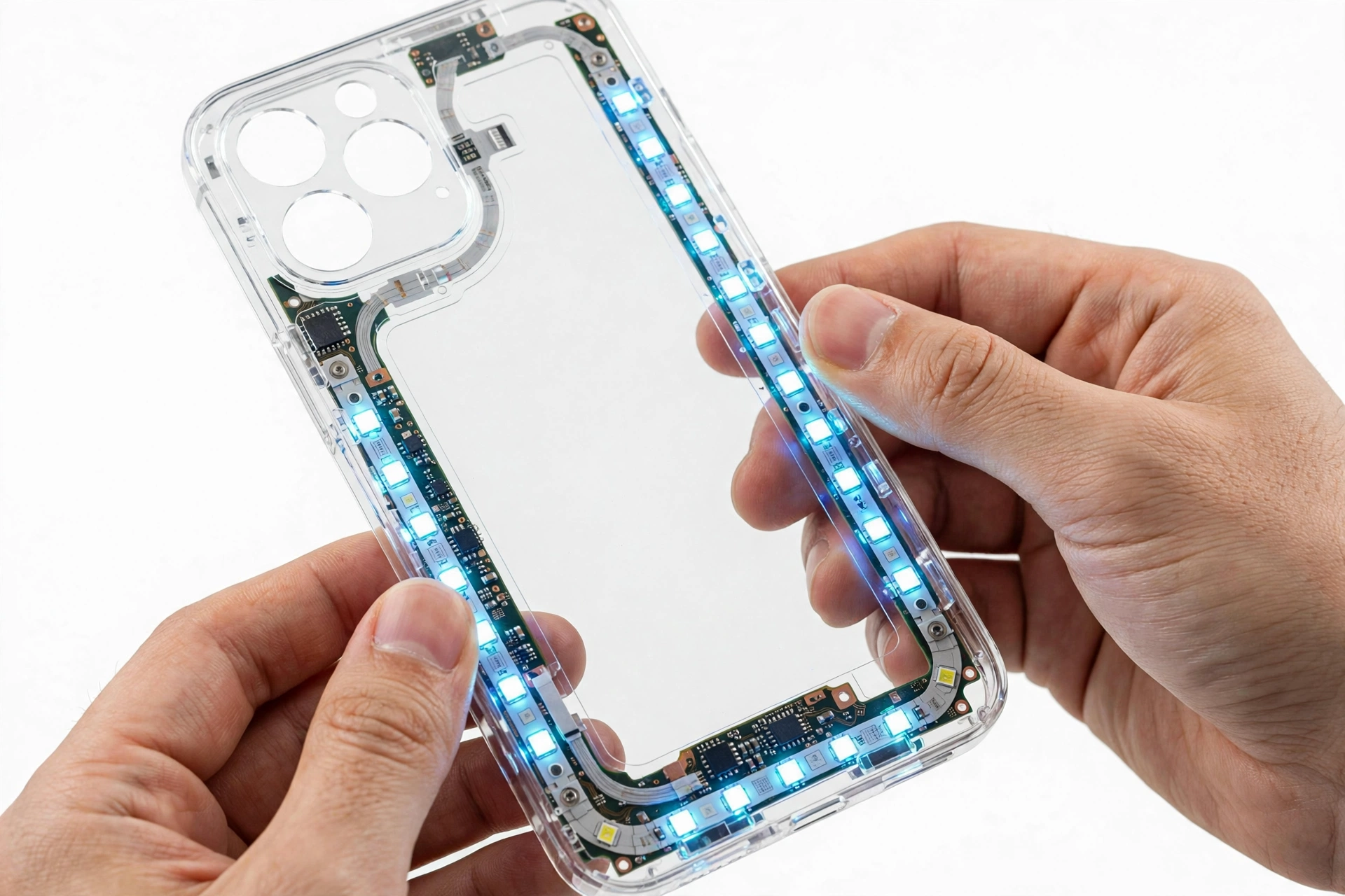 Transparent-style smartphone with LED strips inspected for authenticity
