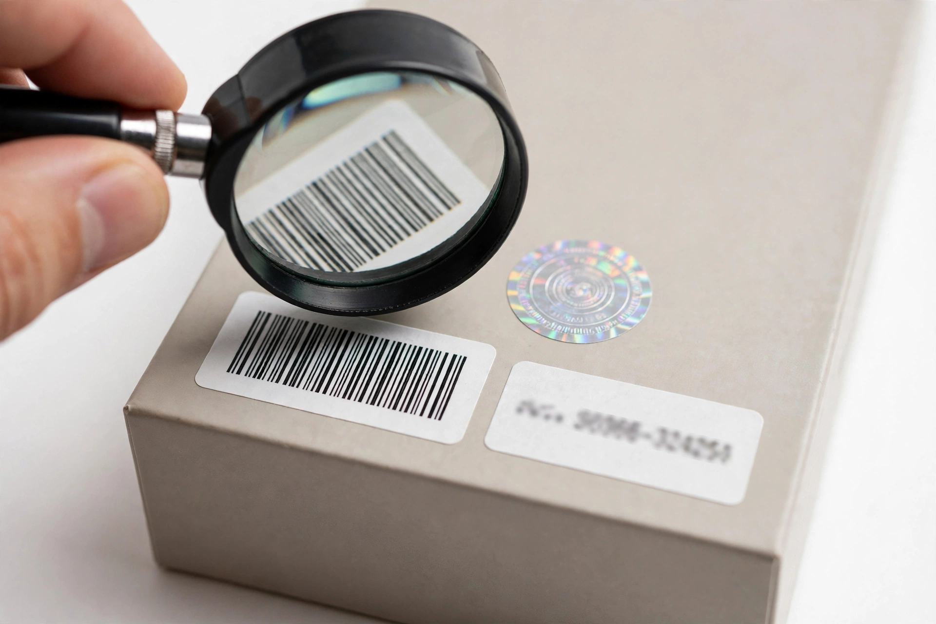 Smartphone retail box with serial number sticker being inspected